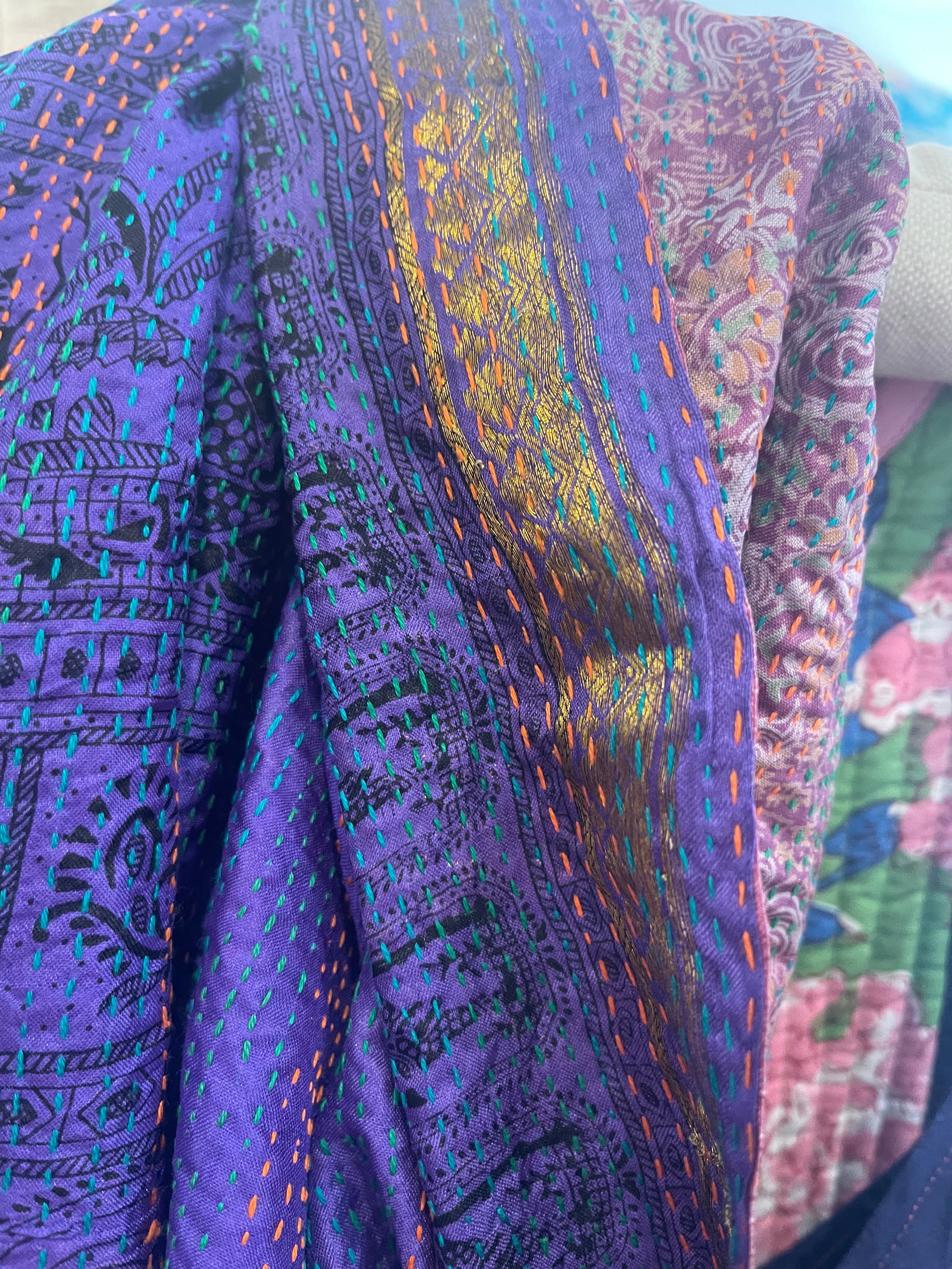Kantha Silk Muffler - Gold Violet