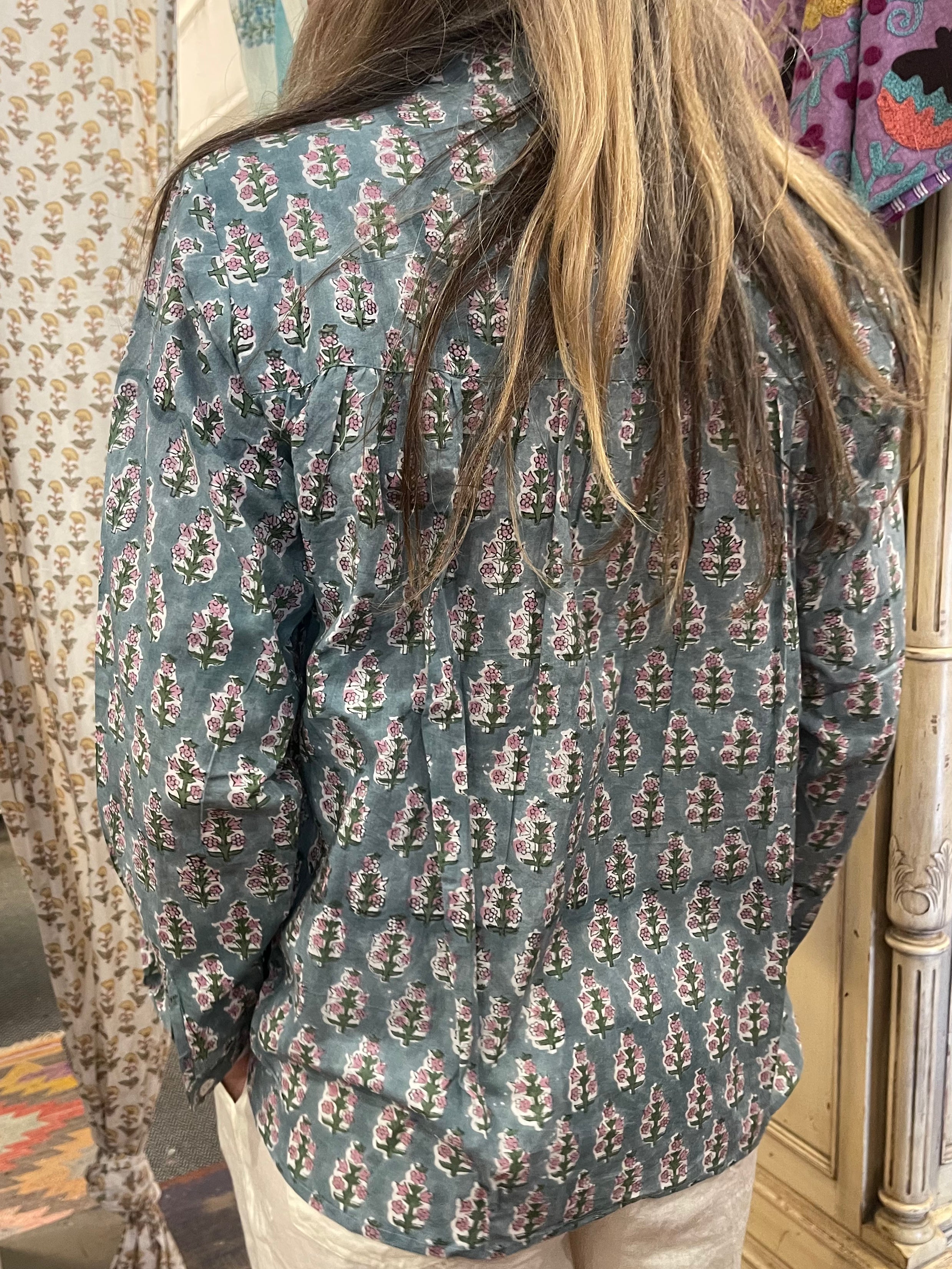 Handblock Printed Blouse - SAGE FLORAL