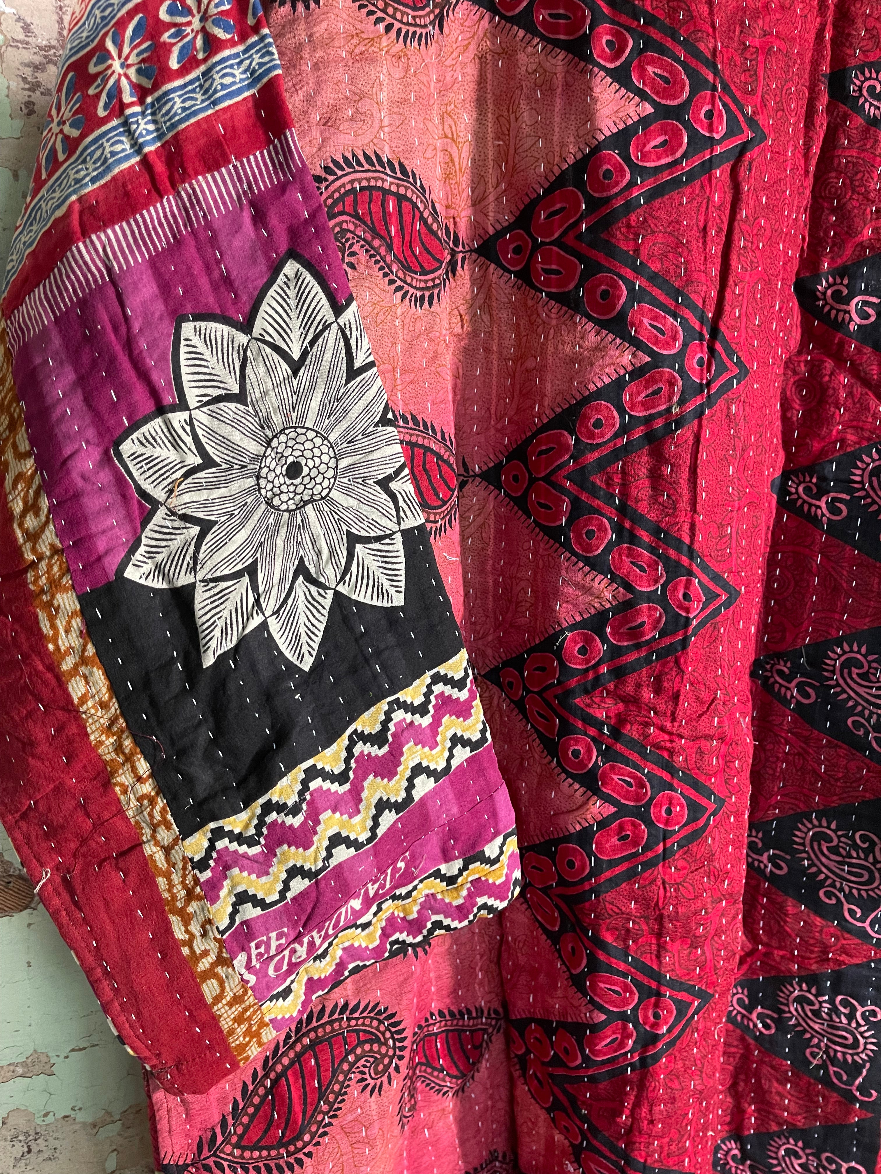 Vintage Kantha Kimono - Red Zig Zag