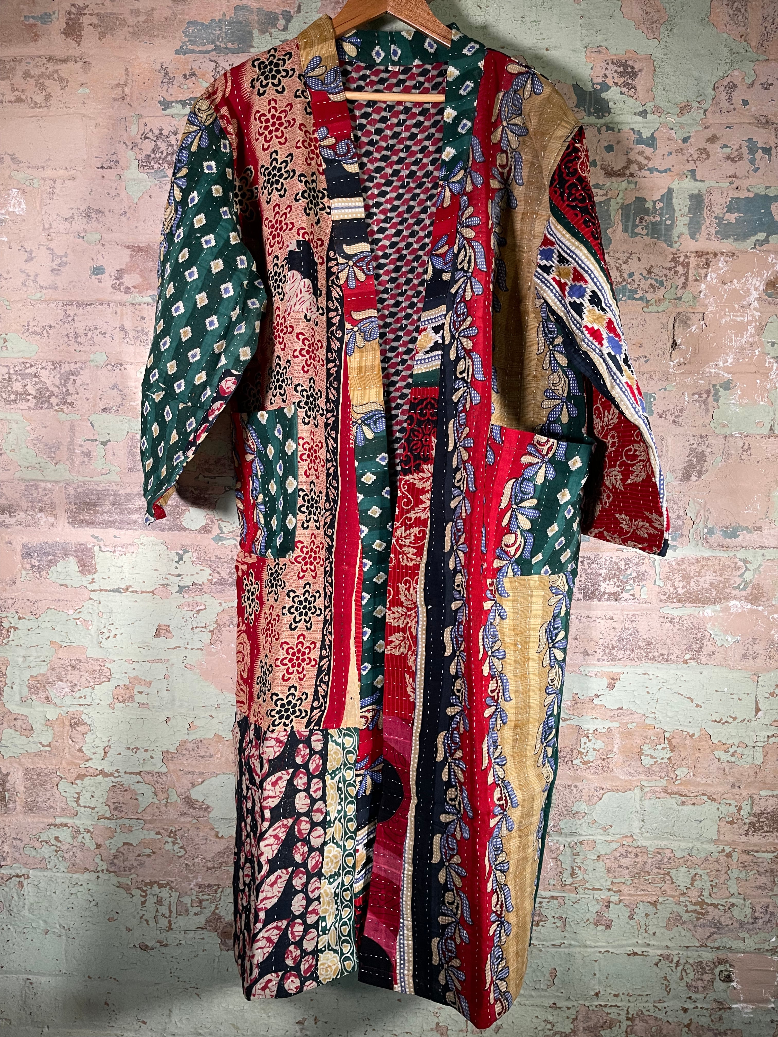 Vintage Kantha Kimono - Emerald Diamond