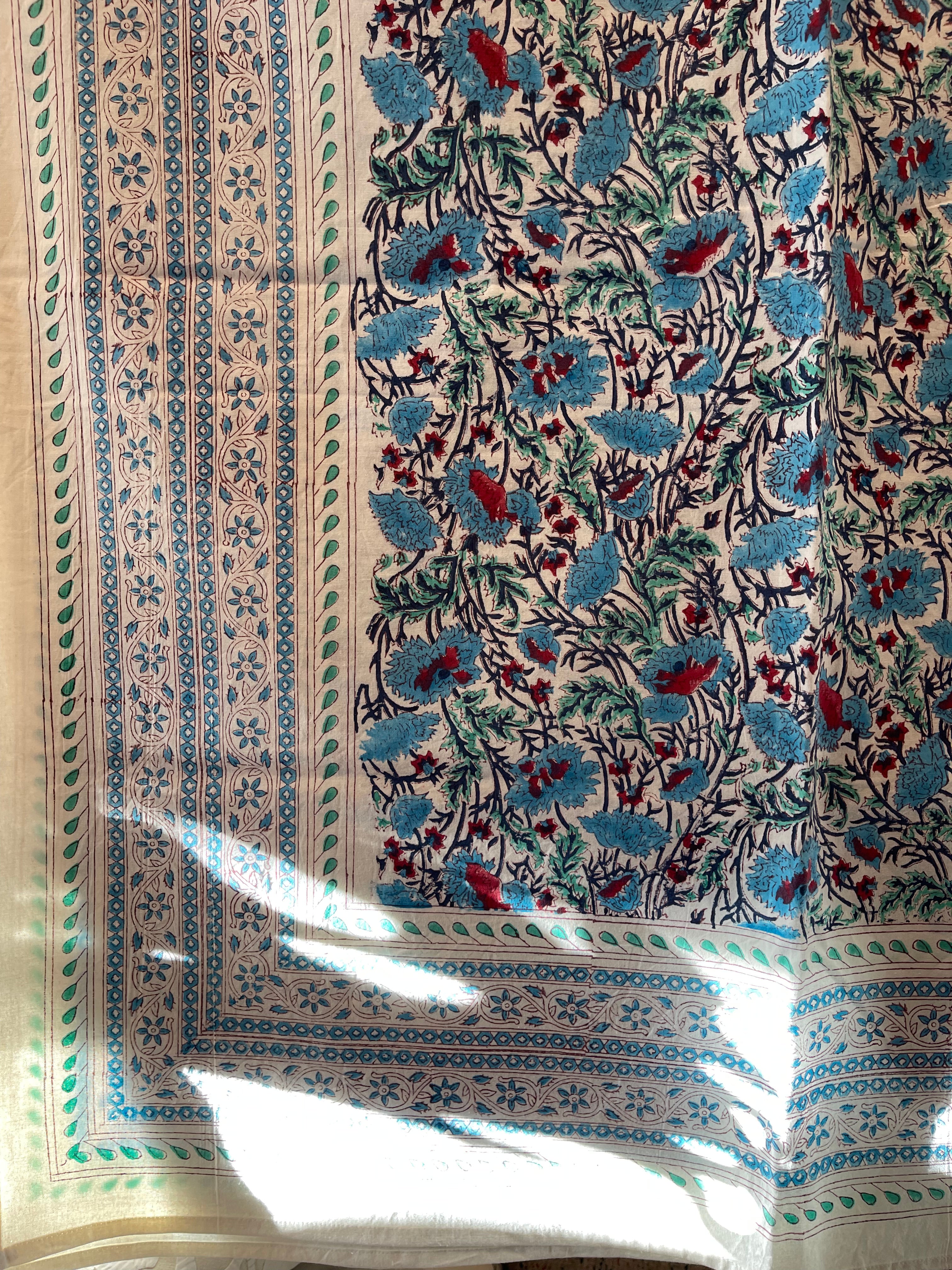 Handblock Printed Tablecloth Rectangular Long - Cool Floral