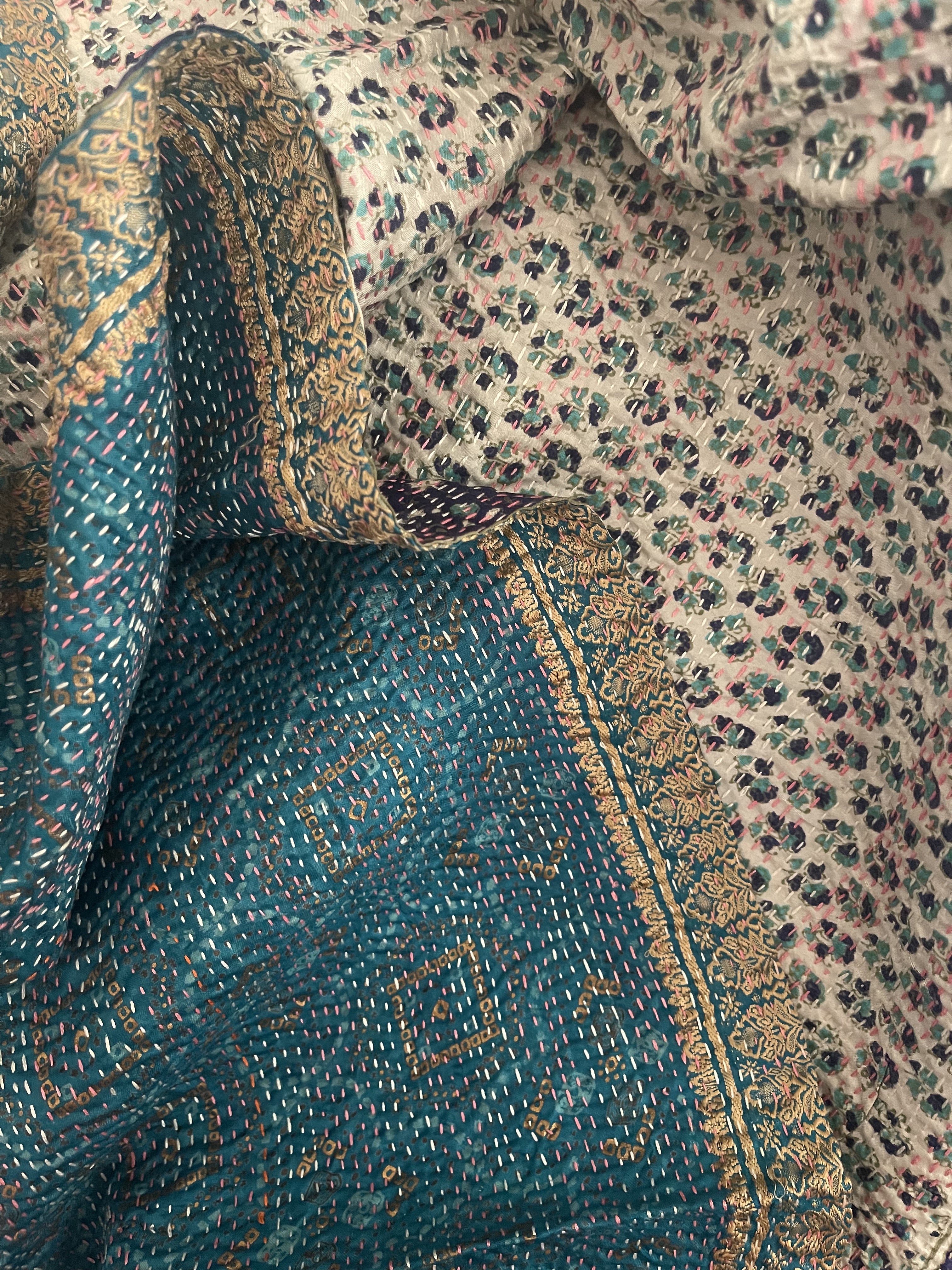 Kantha Silk Muffler - Floral Emerald Forest