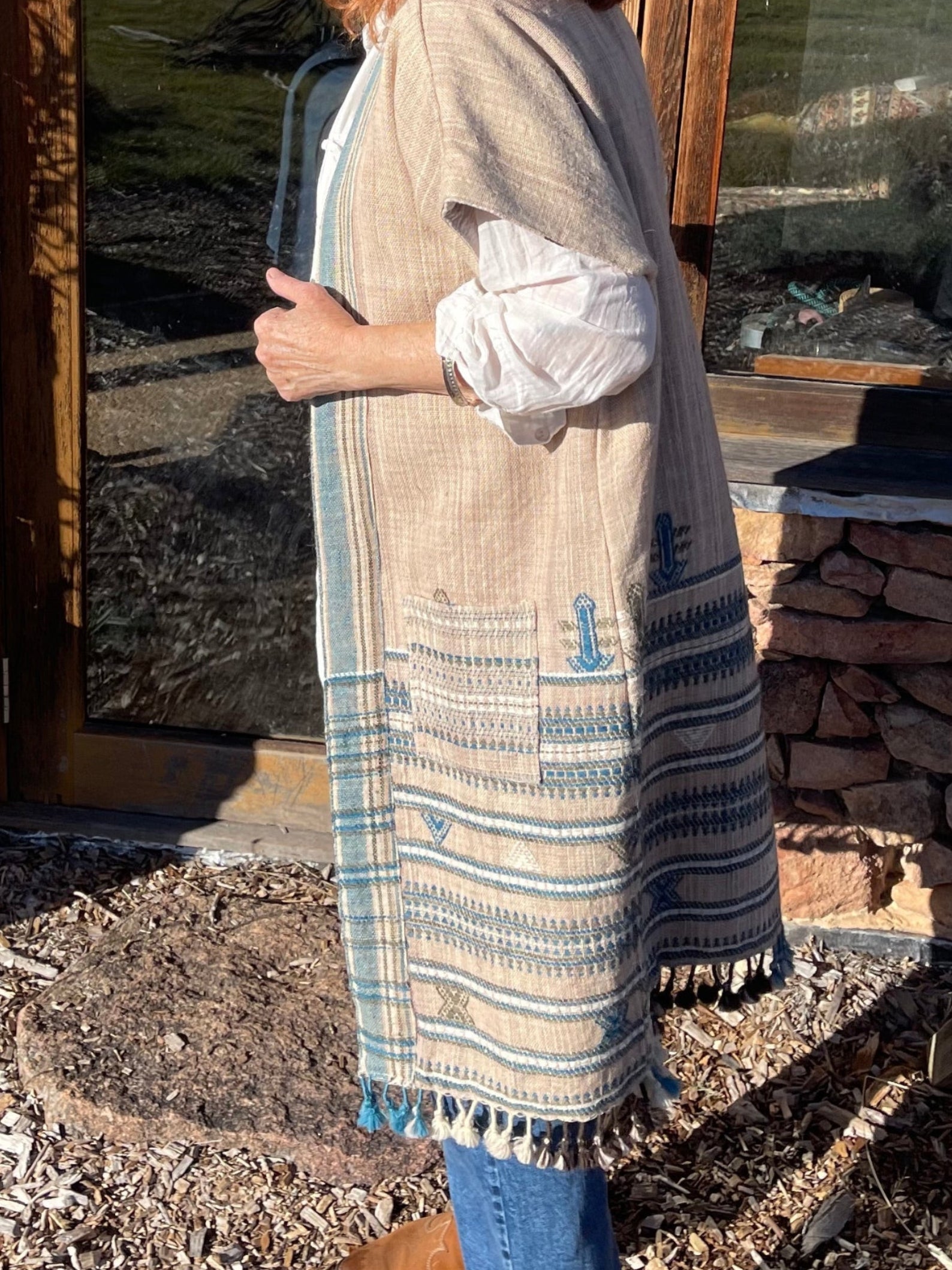 Handwoven Desi Wool Jacket - Oatmeal + Soft Teal