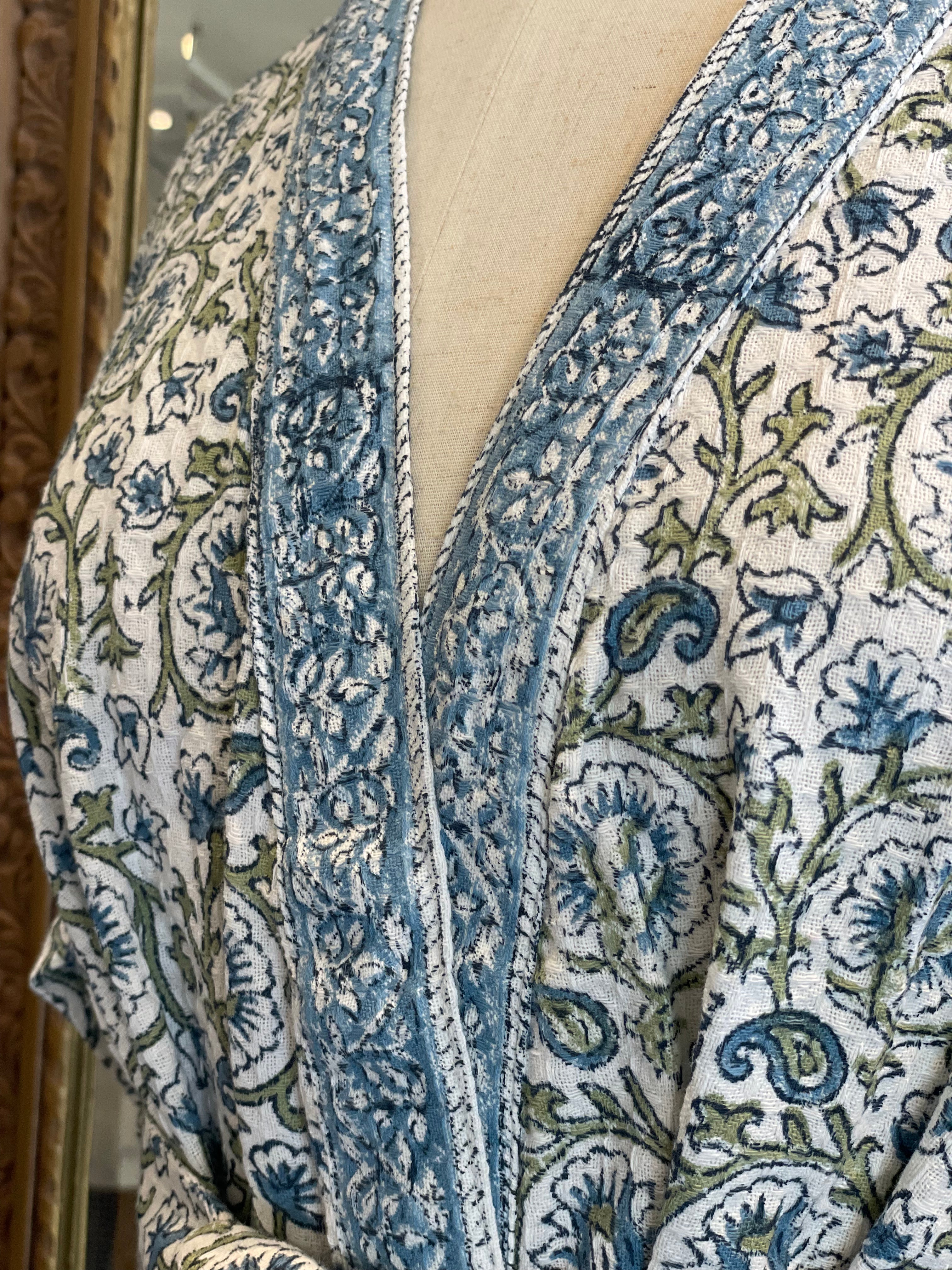 Waffle Weave Bath Robe - Blue Filigree