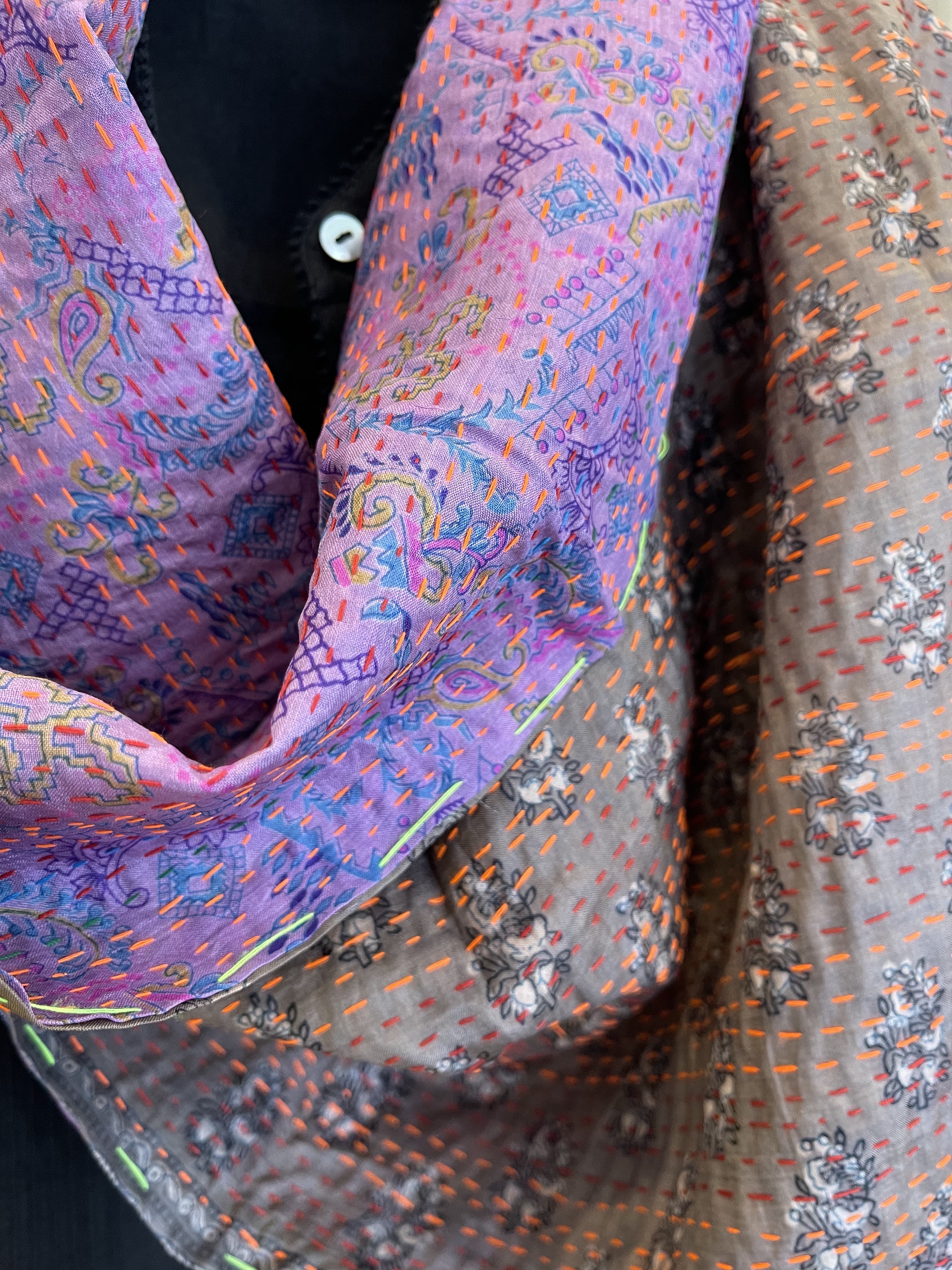 Kantha Silk Muffler - Neon Orange Grape