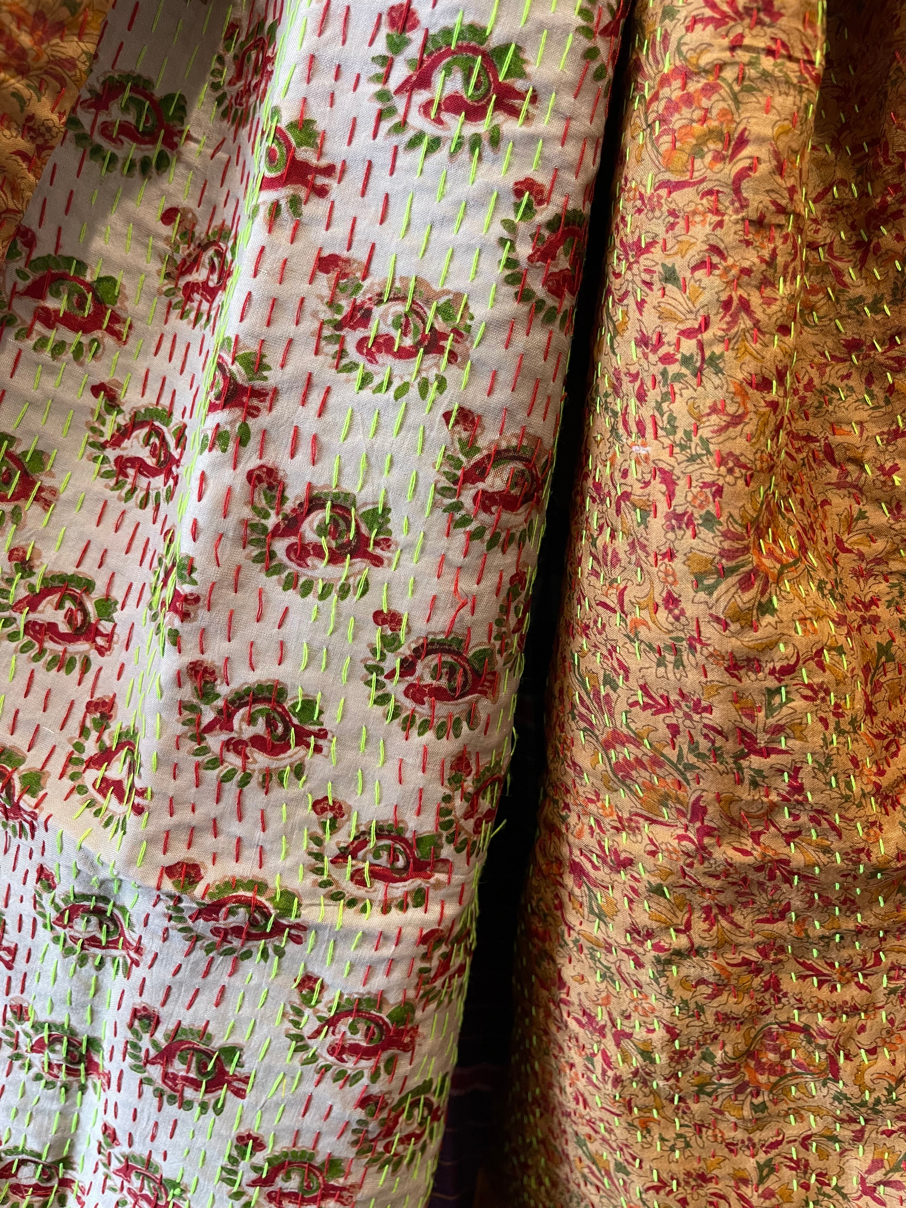 Kantha Silk Muffler - Neon Lime Floral Orchard