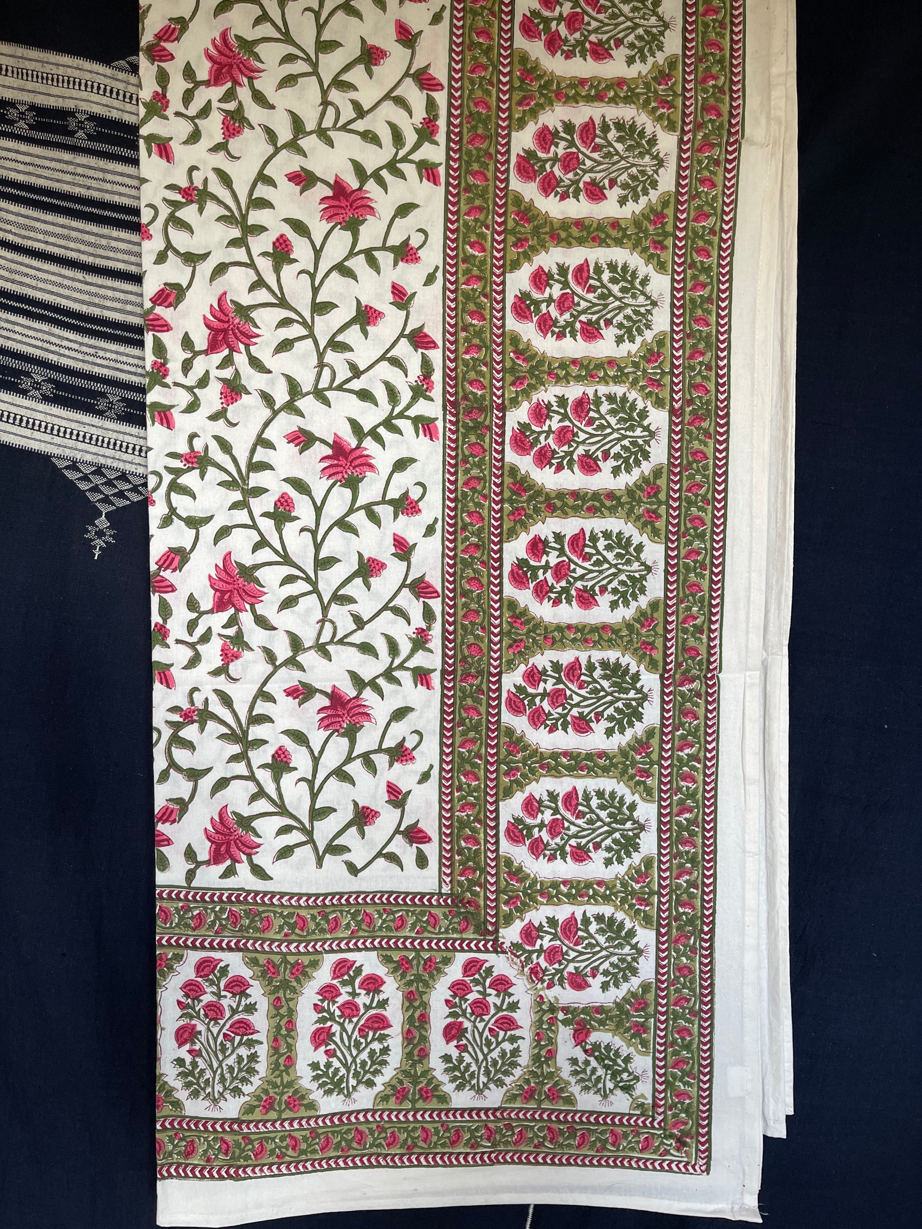 Handblock Printed Tablecloth Rectangular Long - Rose Garden