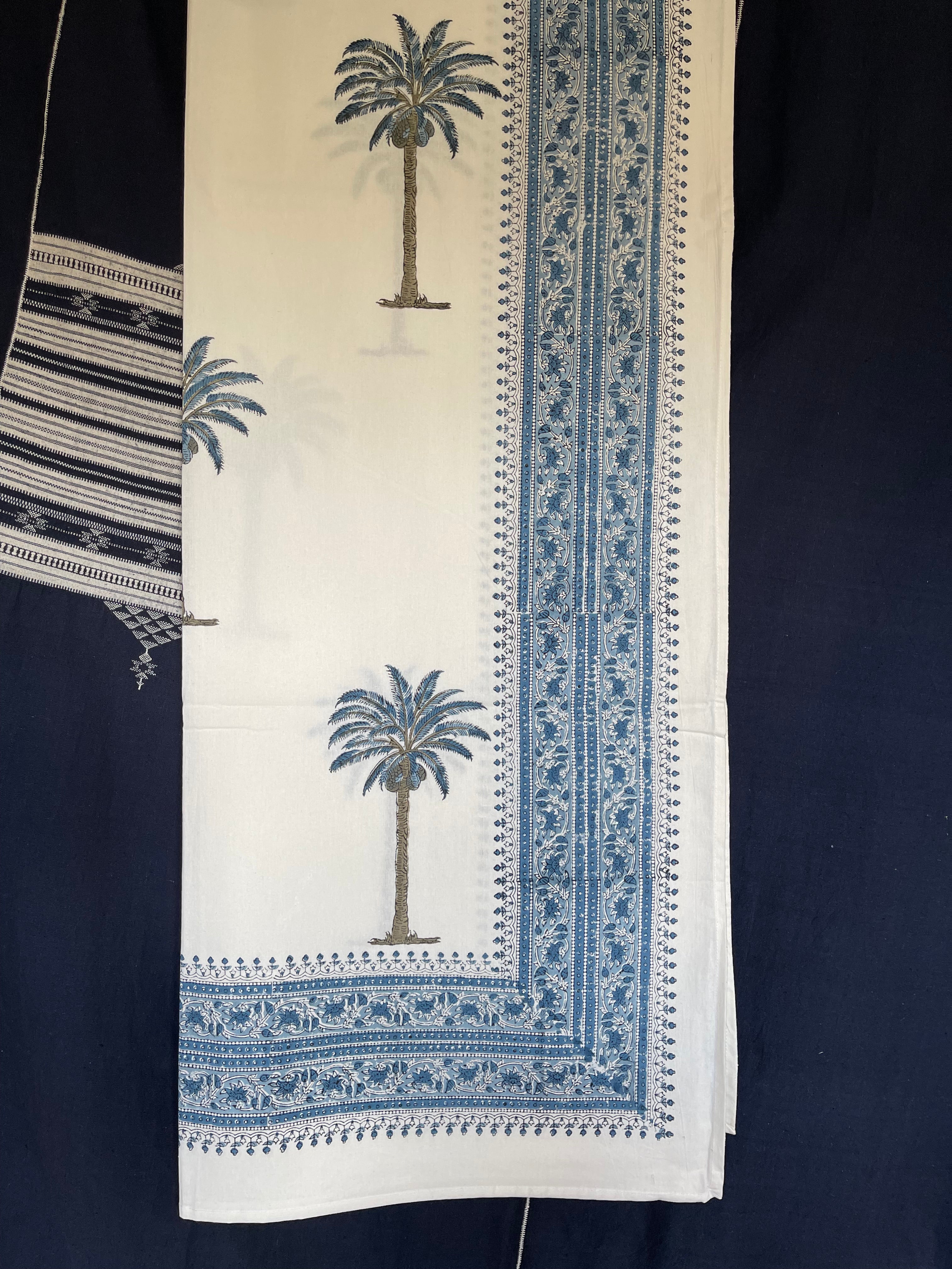 Handblock Printed Tablecloth Rectangular Long - Coconut Palm Blue