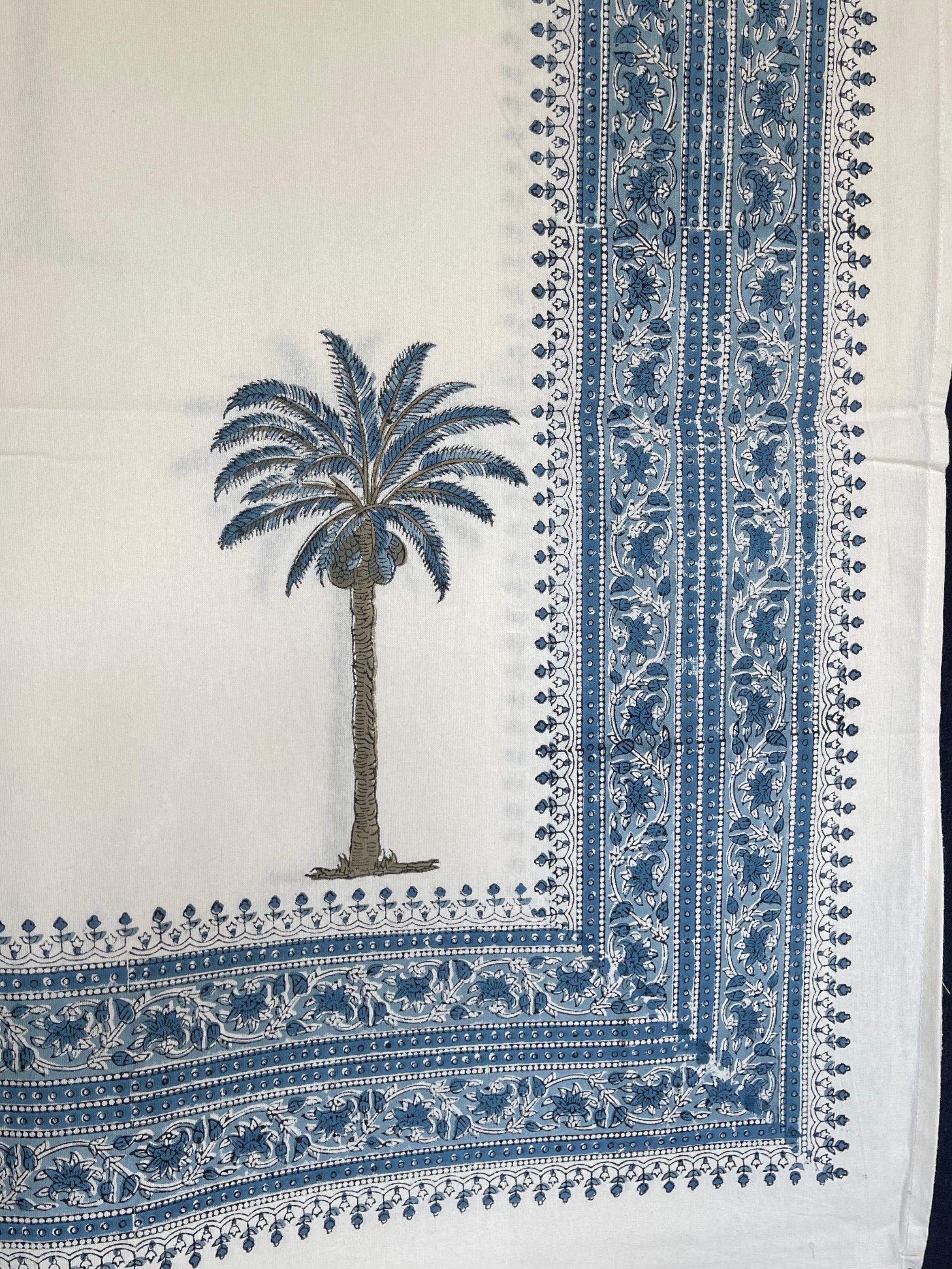 Handblock Printed Tablecloth Rectangular - Coconut Palm Blue