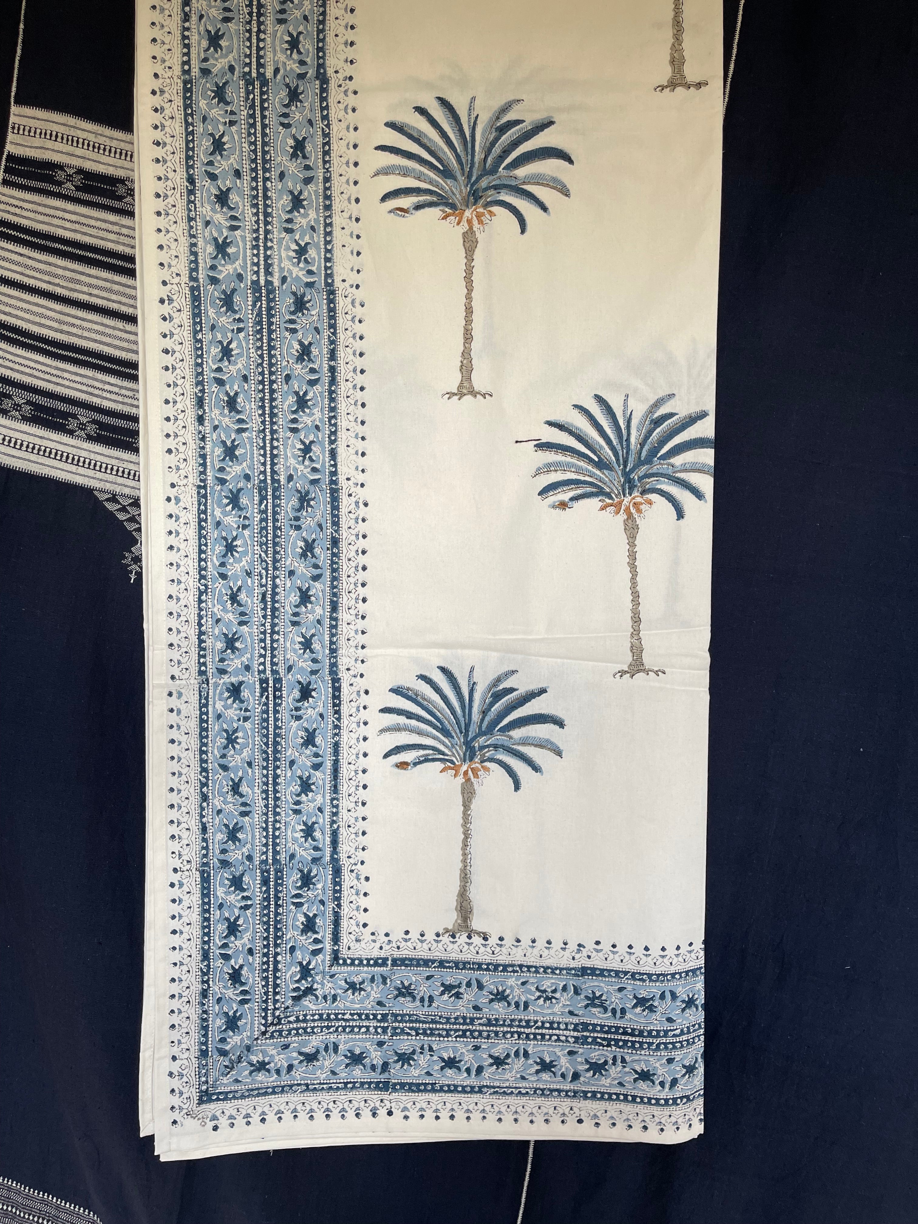 Handblock Printed Tablecloth Rectangular Long - Date Palm Blue