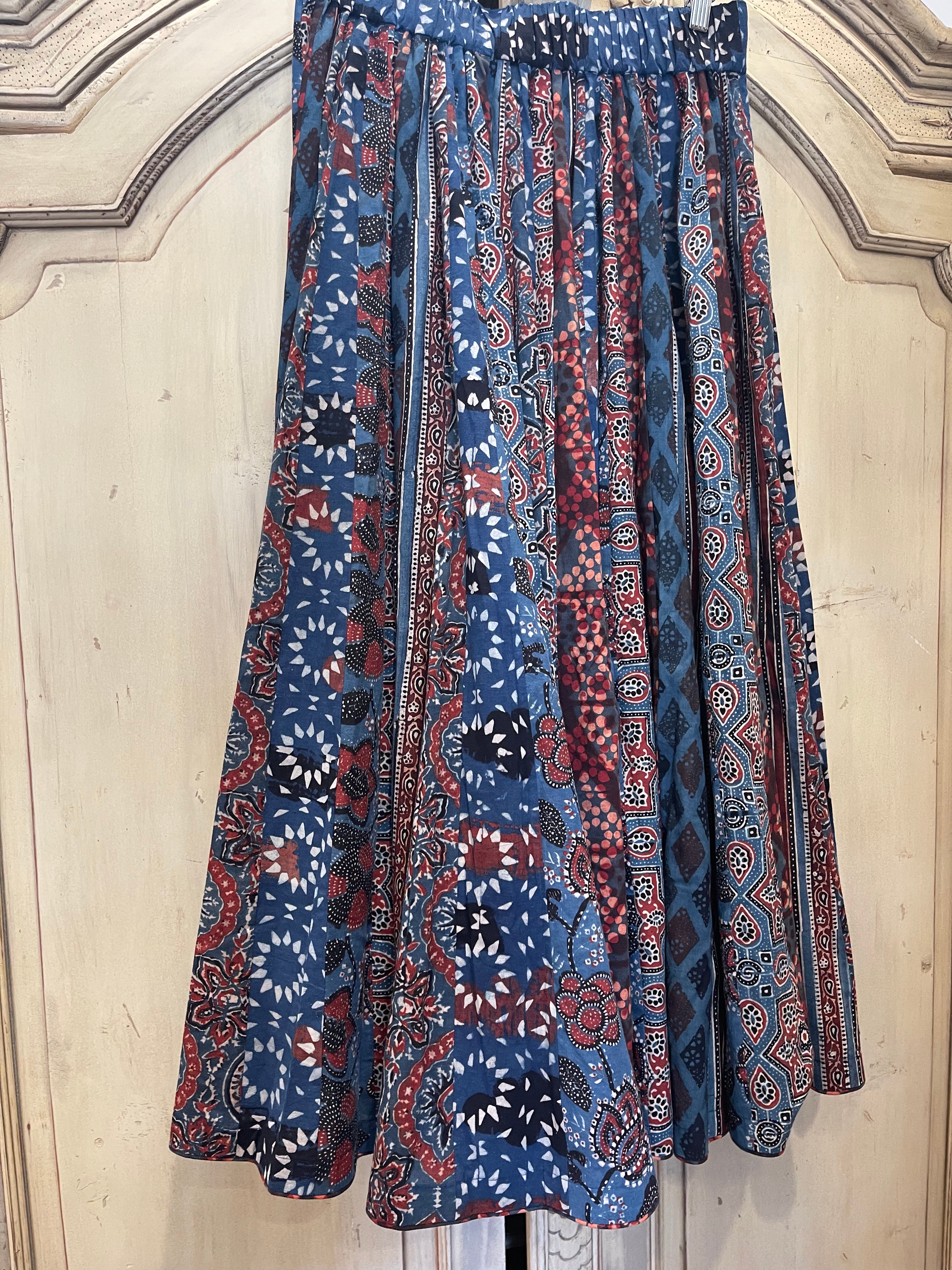 Handblock Printed Panelled Skirt- Ajrakh Blue S