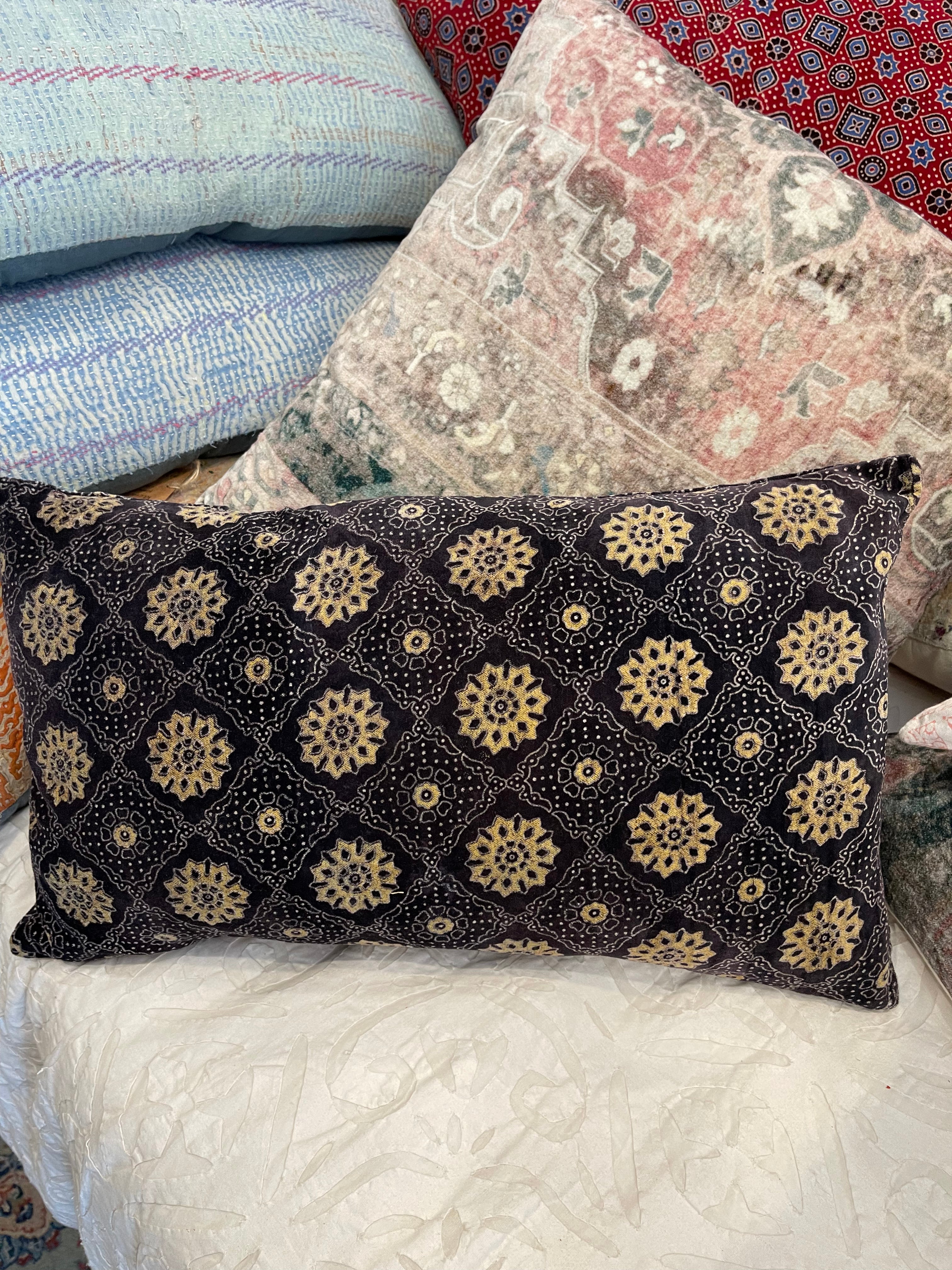 Ajrakh Velvet Cushion - Night Flowers