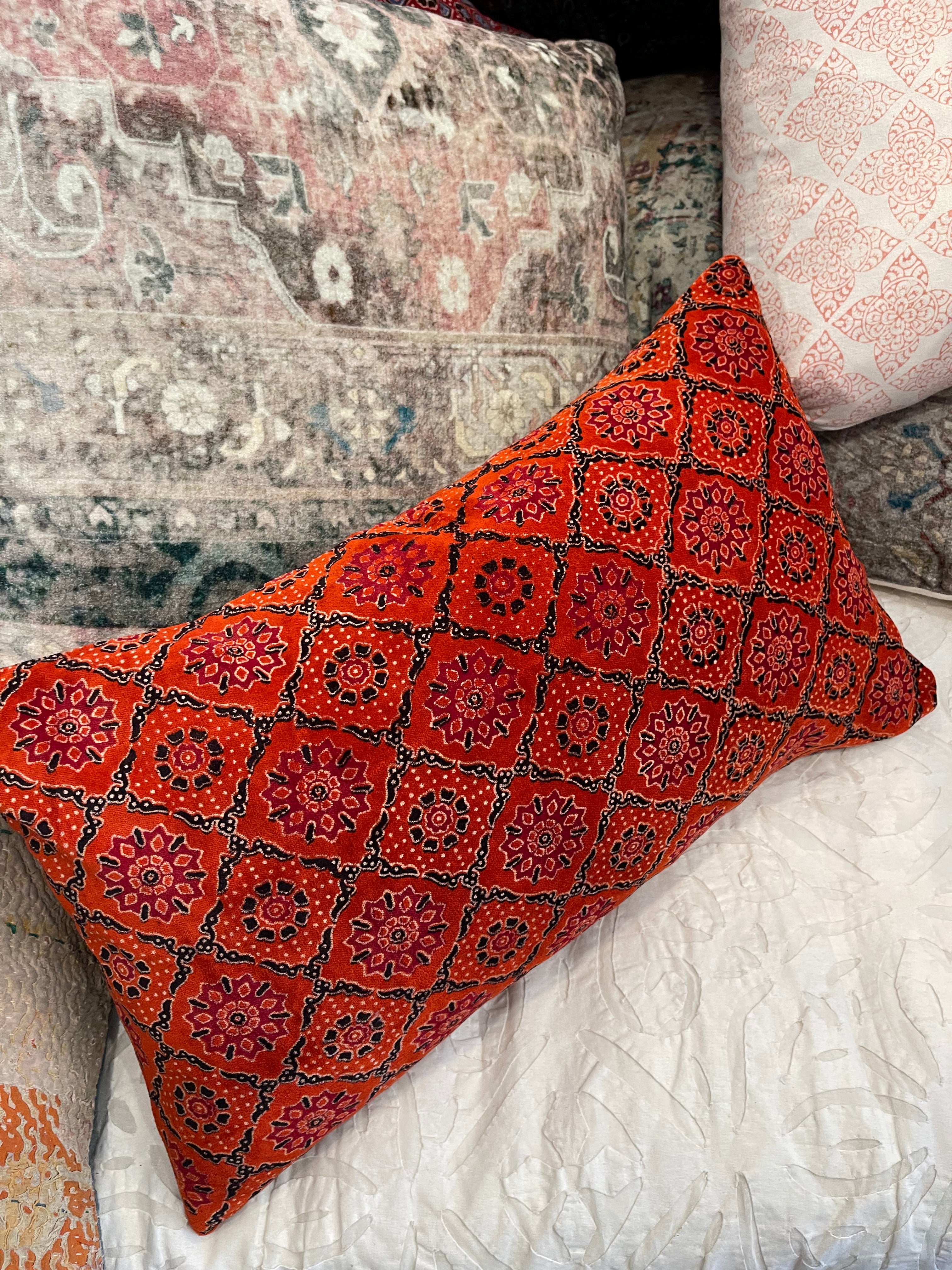 Ajrakh Velvet Cushion - Pomegranate Flower