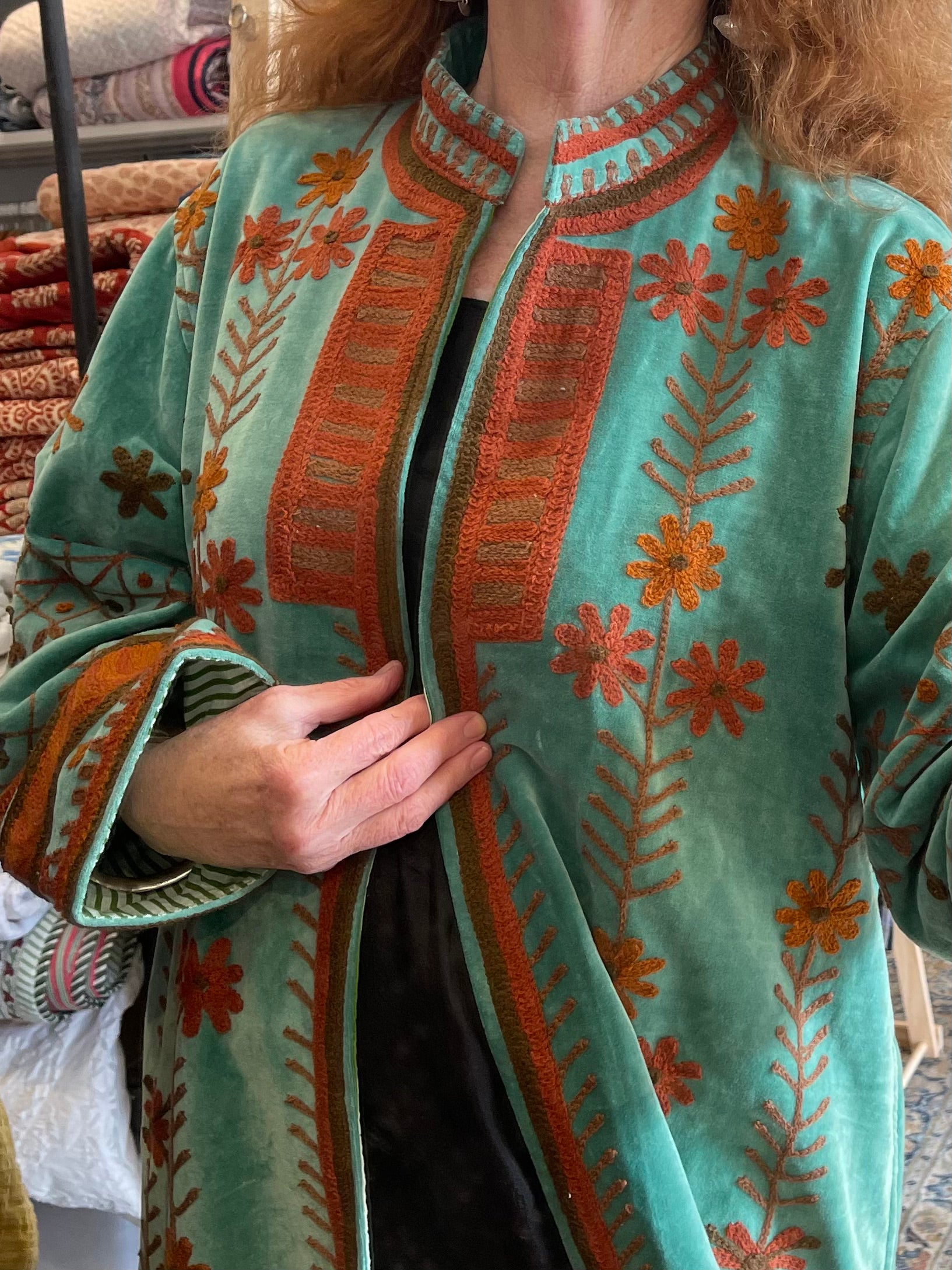 Chinoiserie Velvet Jacket - Lake Green/Rust