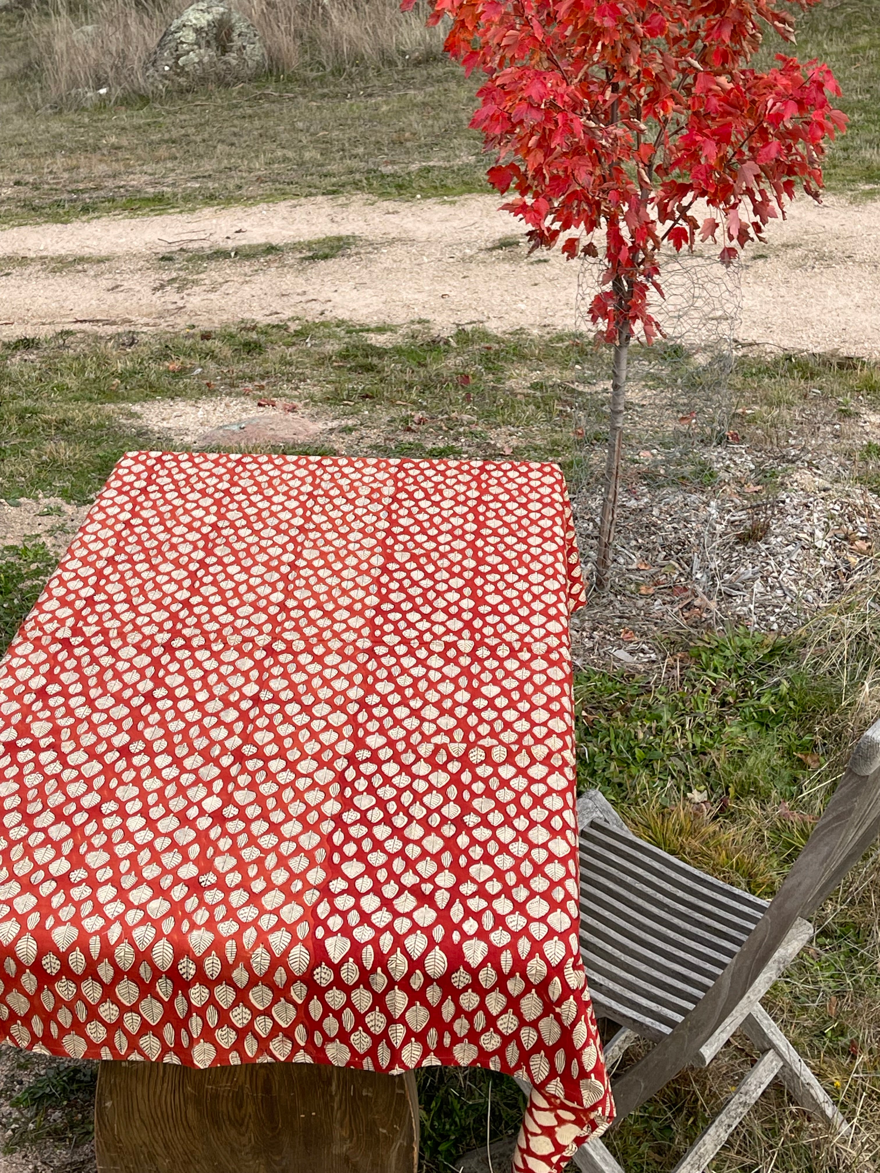 Handblock Printed Tablecloth - Red Leaf