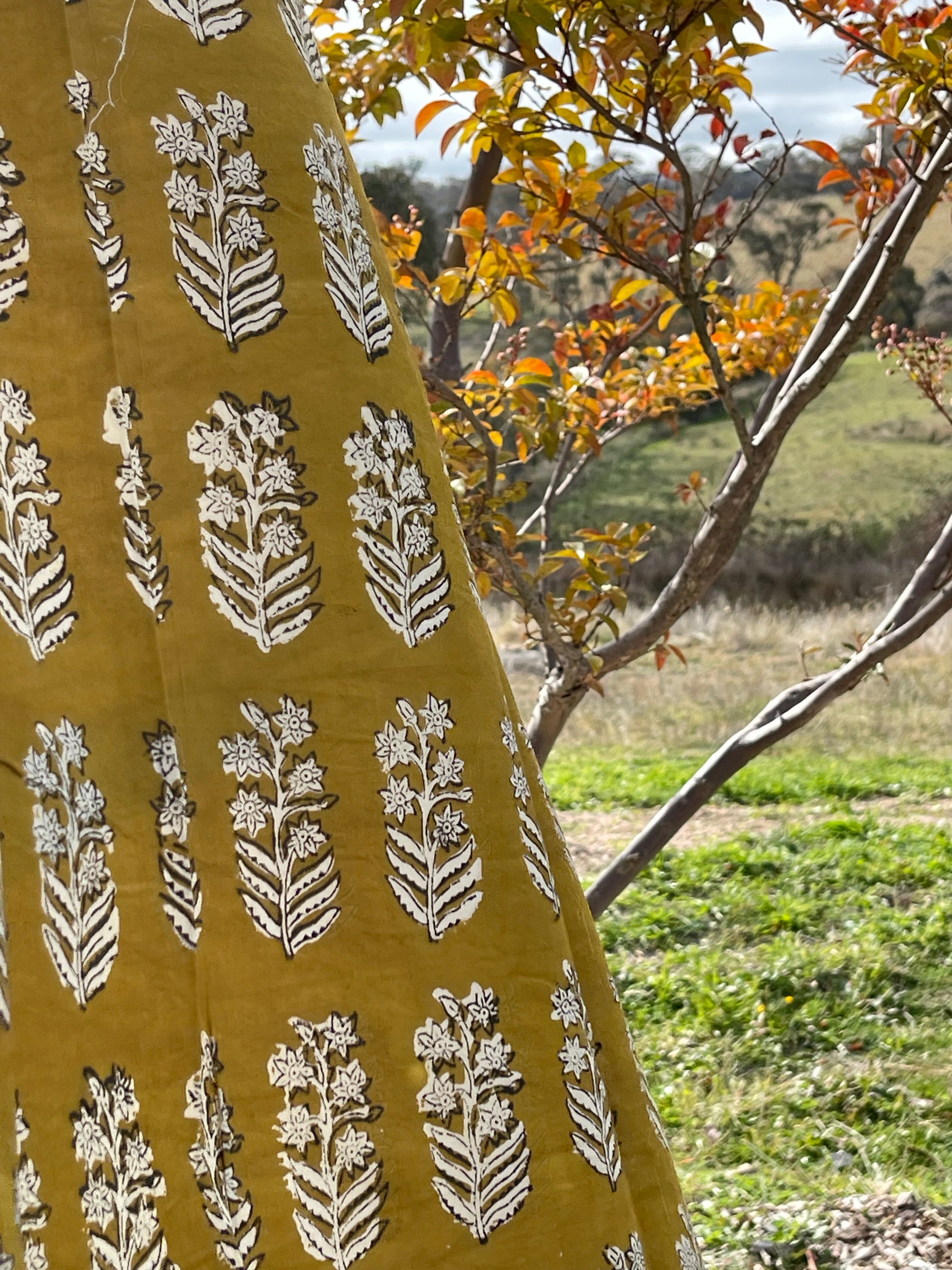 Handblock Printed Tablecloth - Mustard Flower Tree