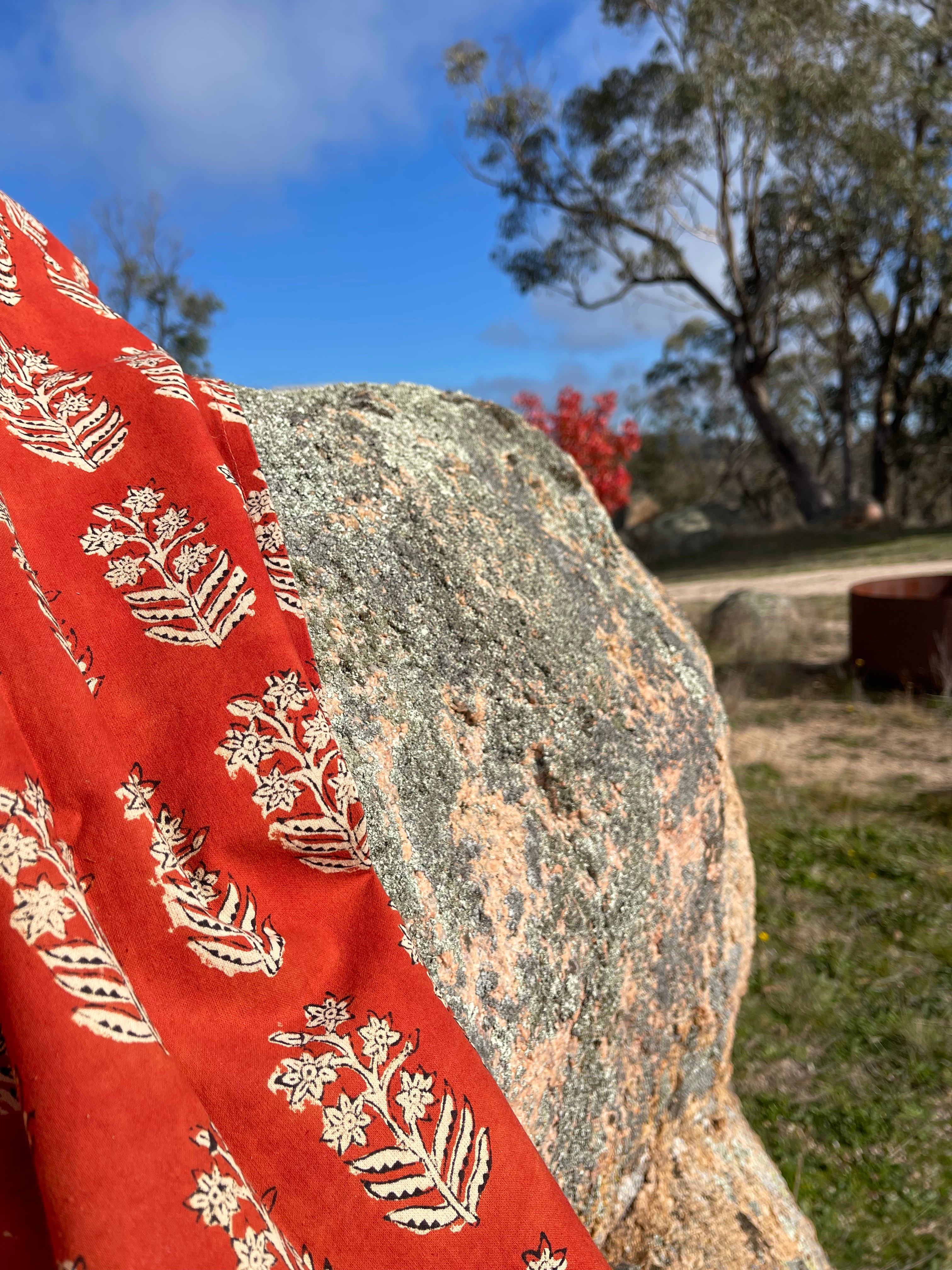 Handblock Printed Tablecloth  - Red Flower Tree