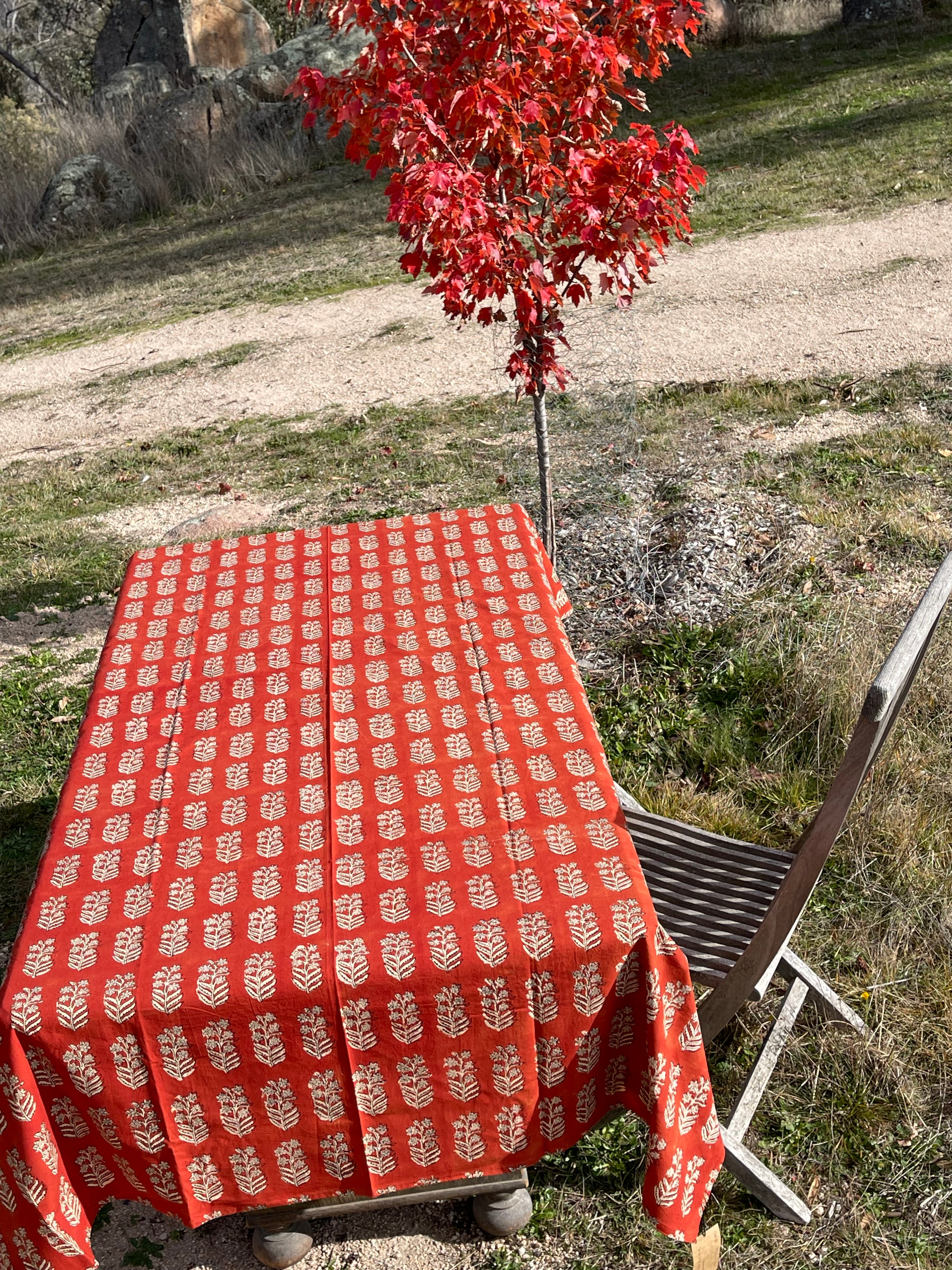 Handblock Printed Tablecloth  - Red Flower Tree