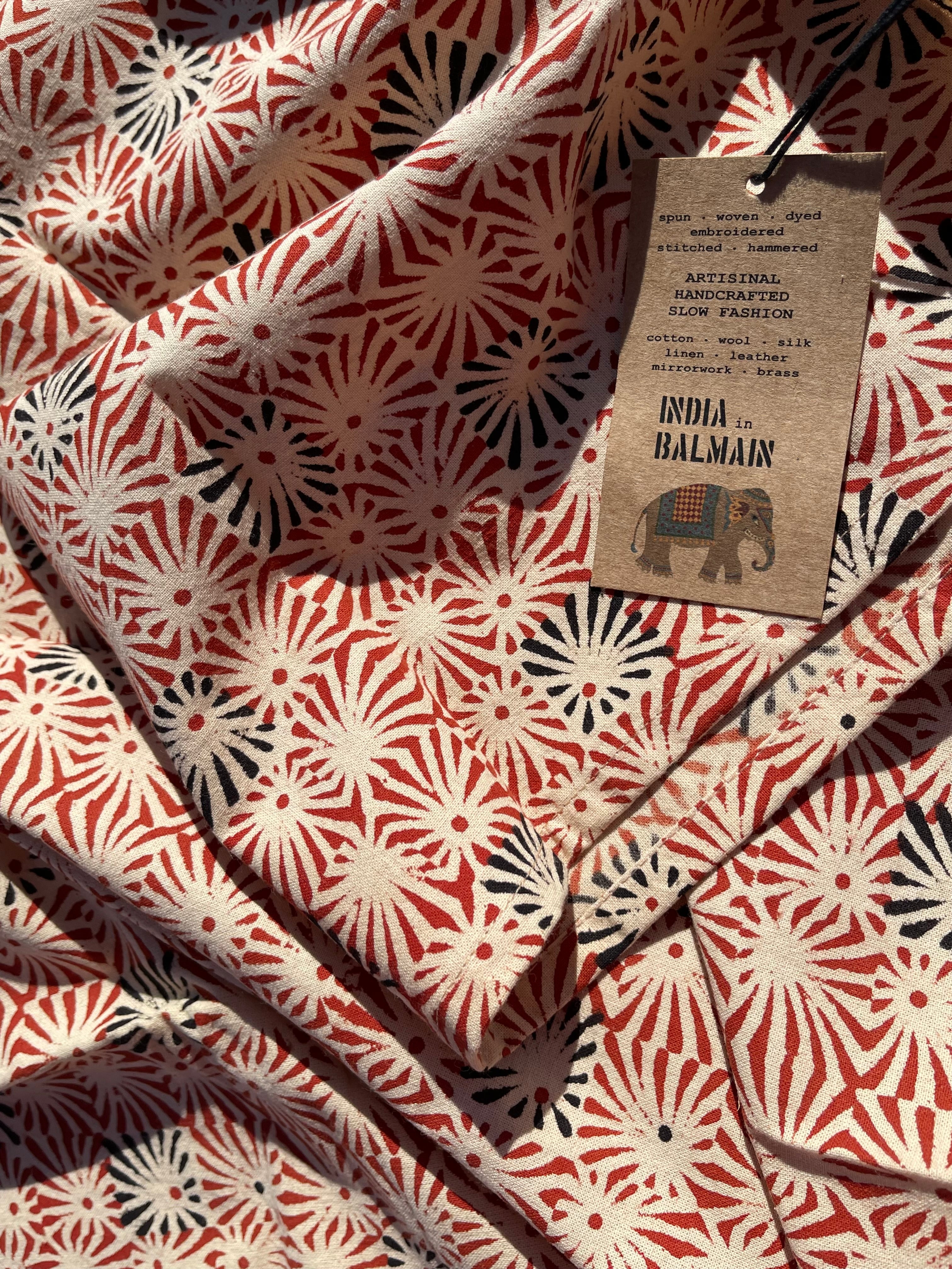 Handblock Printed Tablecloth  -  Red Square Starburst