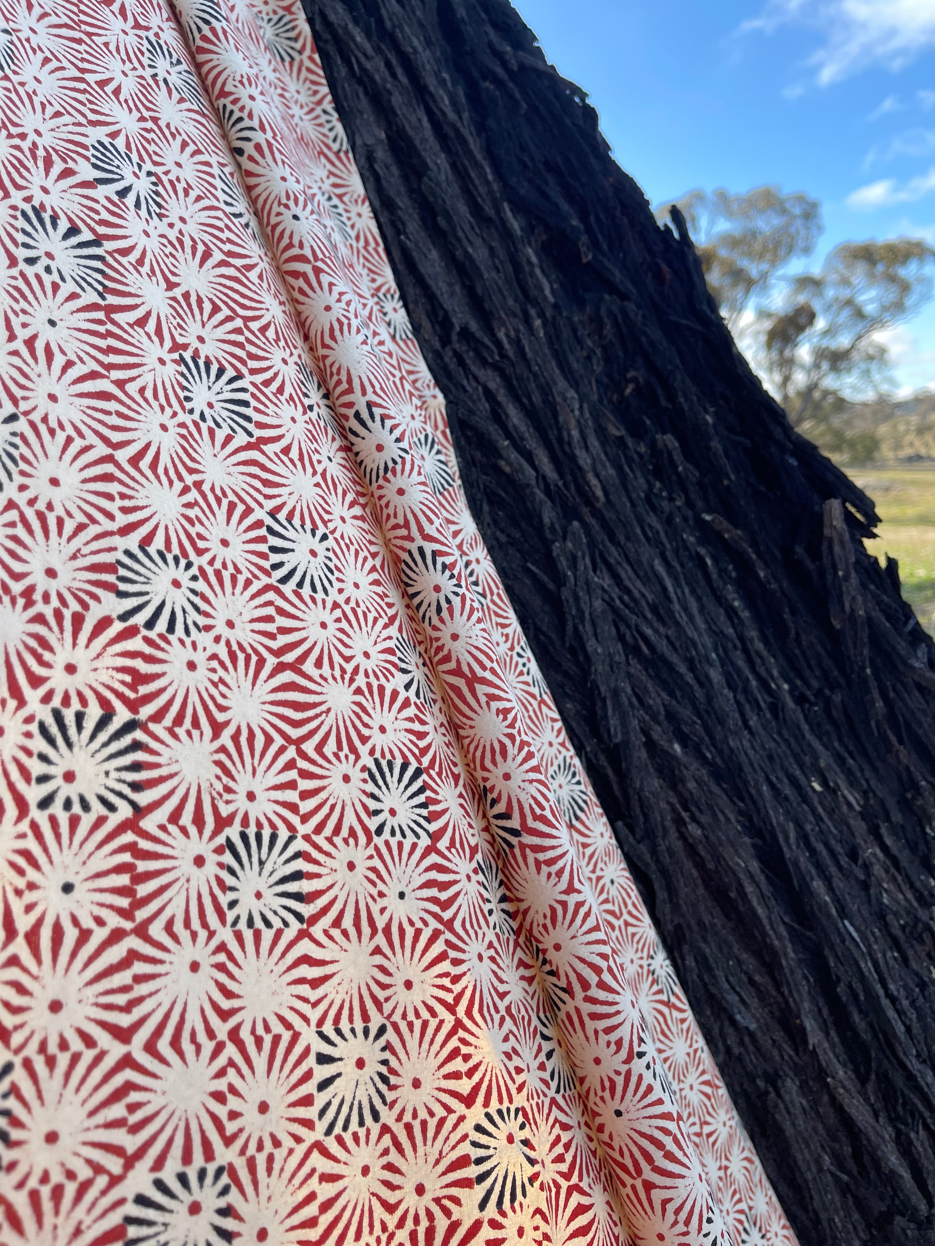 Handblock Printed Tablecloth  -  Red Square Starburst