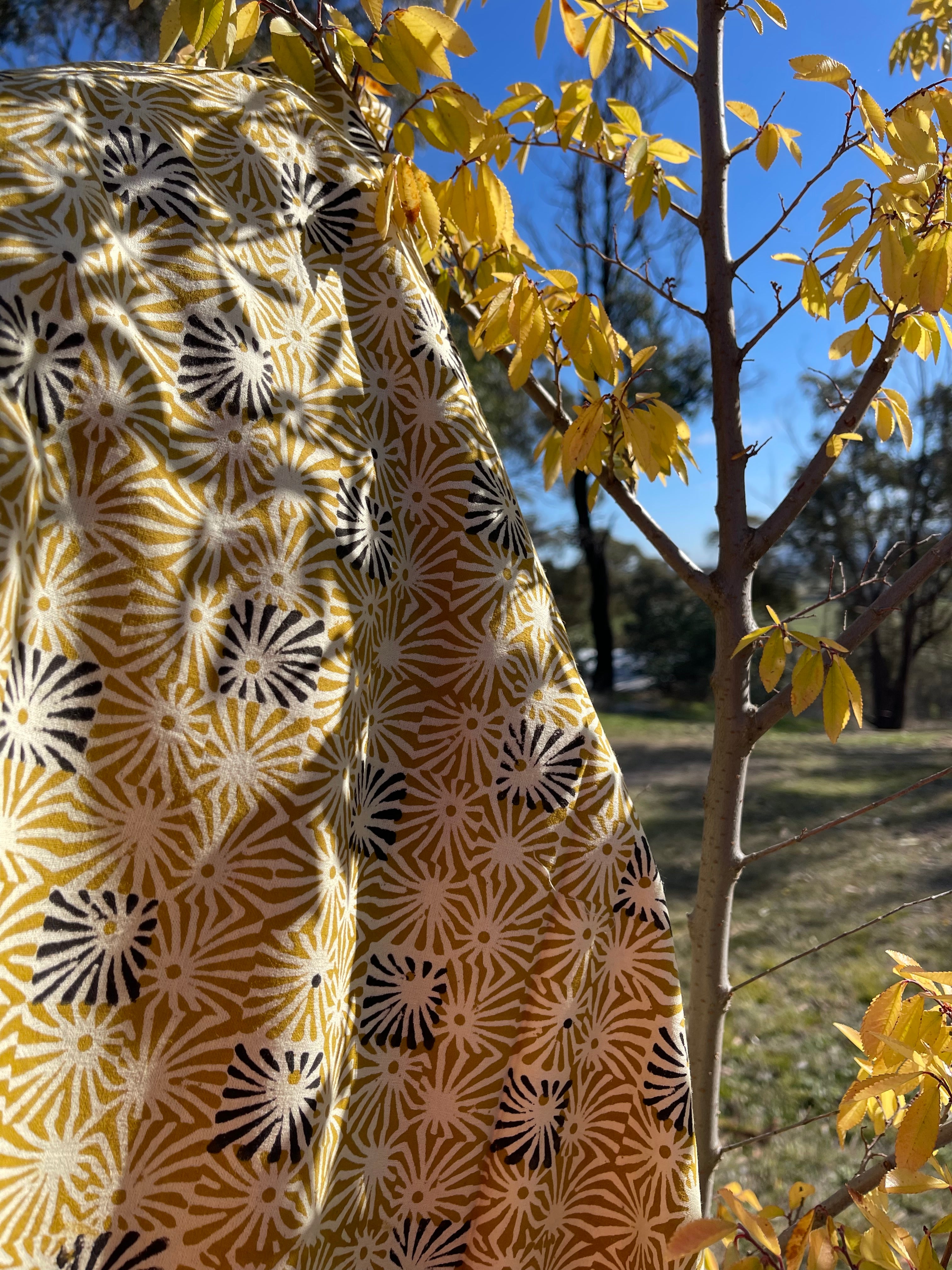 Handblock Printed Tablecloth - Mustard Square Starburst