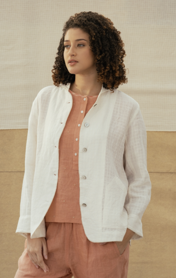 Linen Self Check Jacket - VAARUNI Ivory