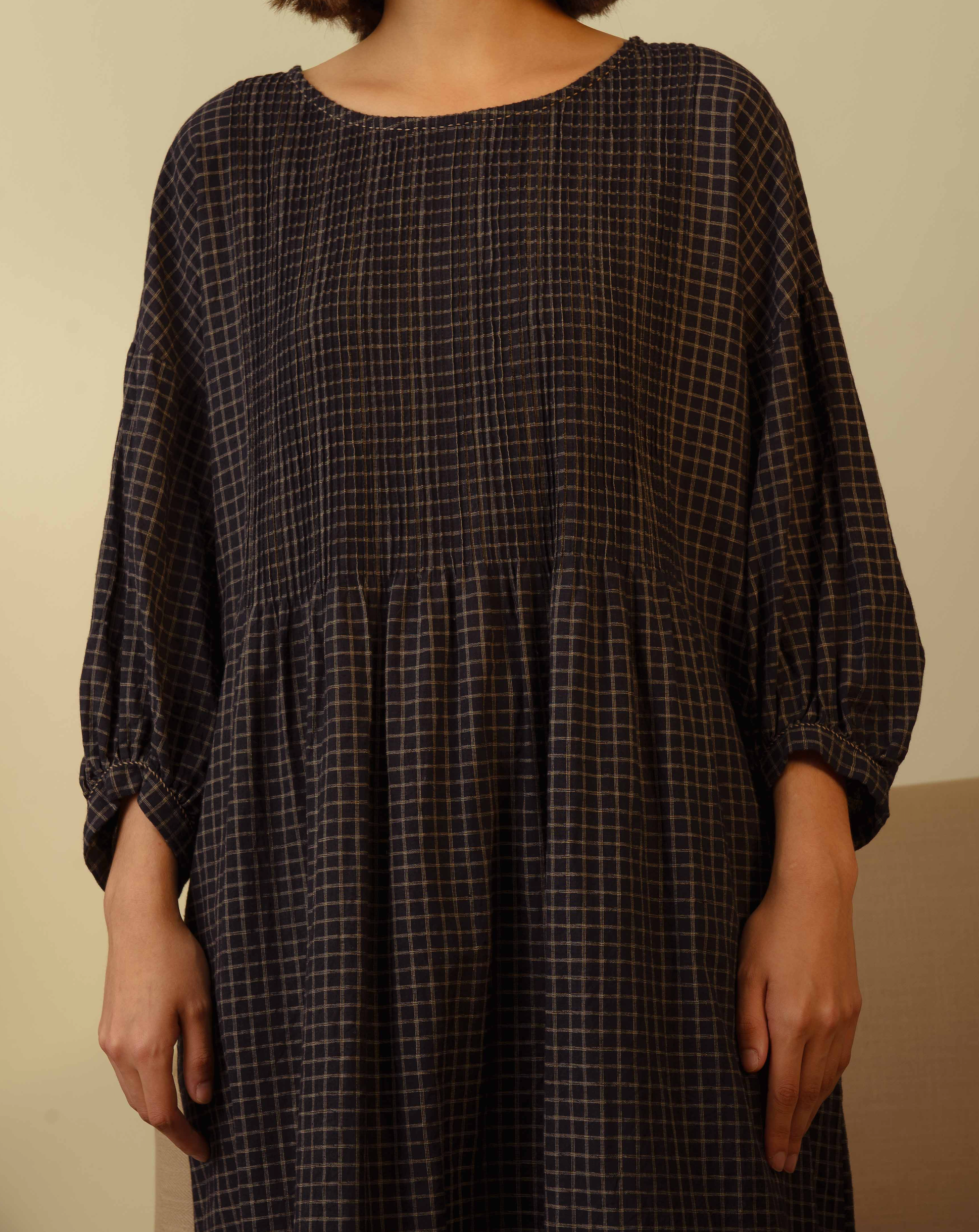 ANISHA COTTON  DRESS - Handwoven Black Check