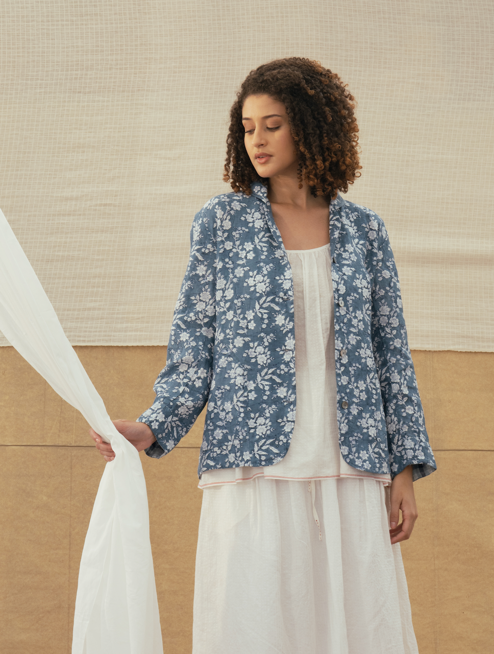 Linen Printed Jacket - VAARUNI Blue