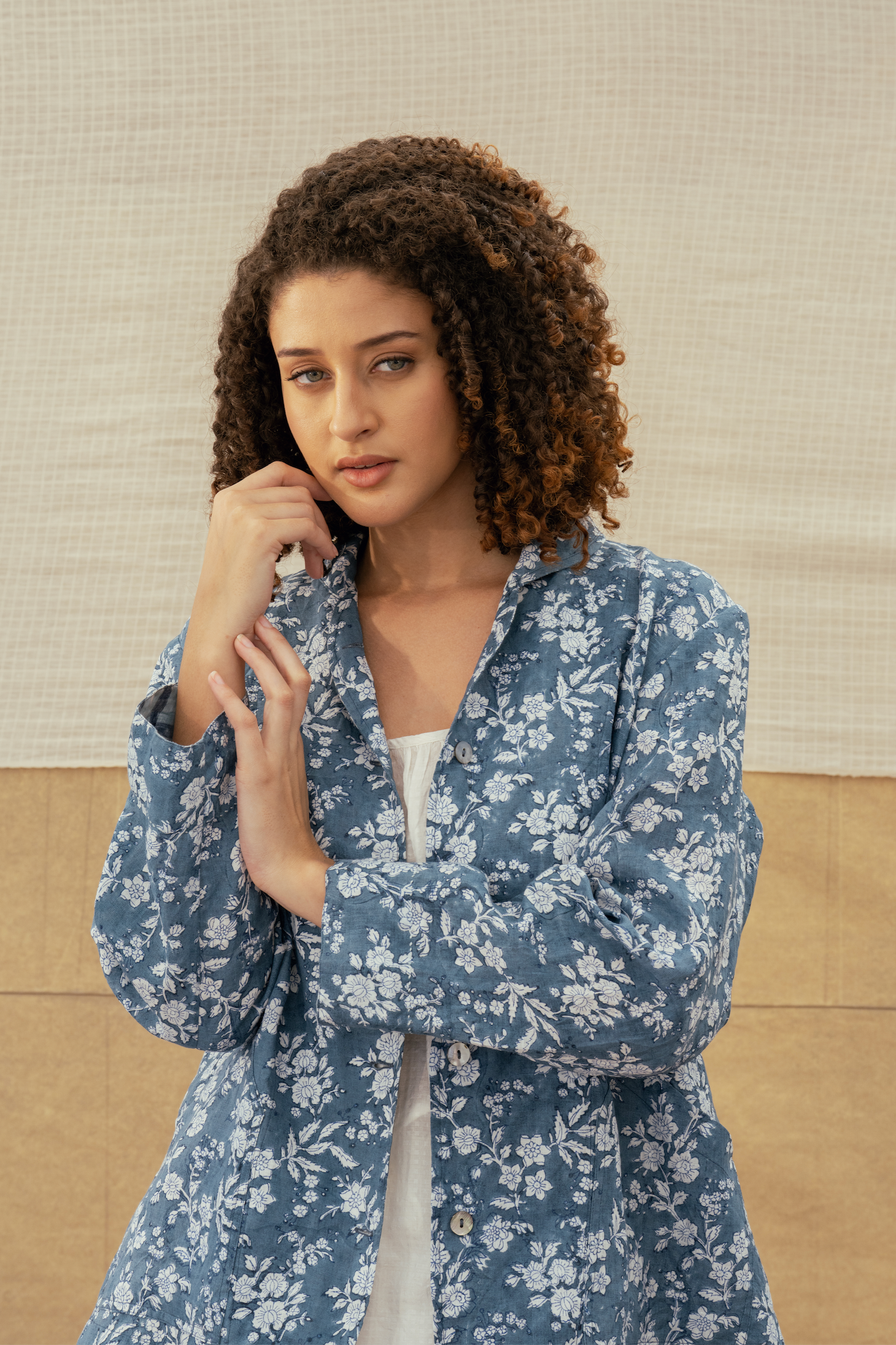 Linen Printed Jacket - VAARUNI Blue