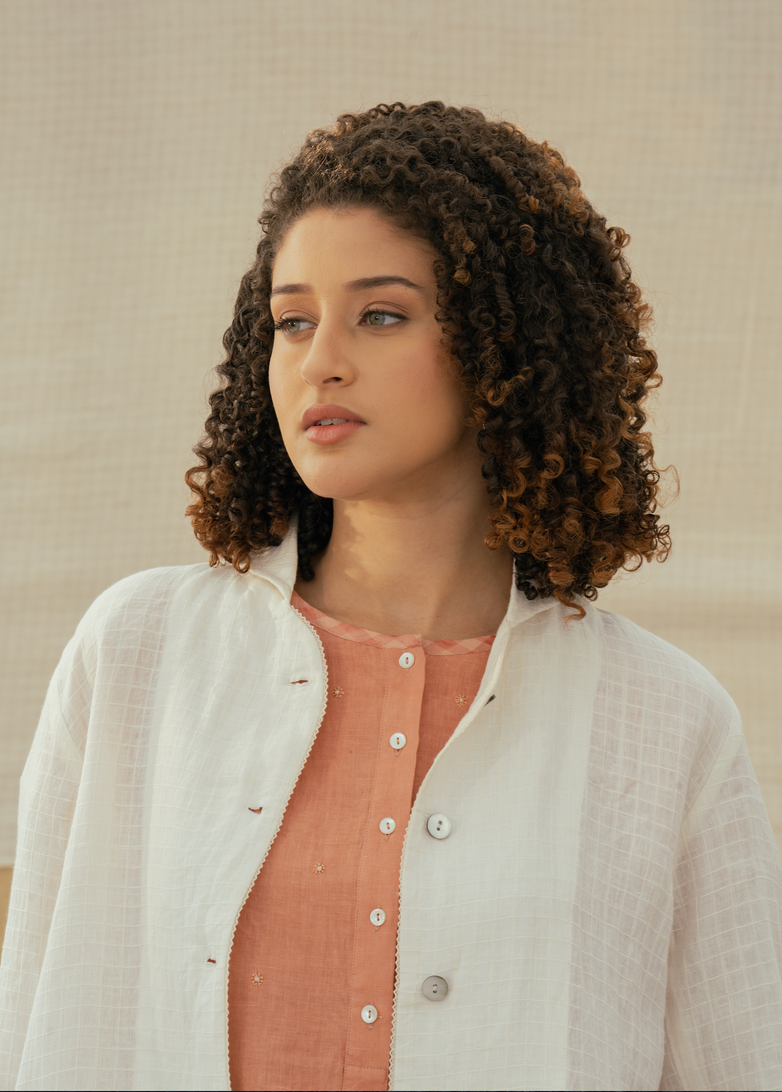 Linen Self Check Jacket - VAARUNI Ivory