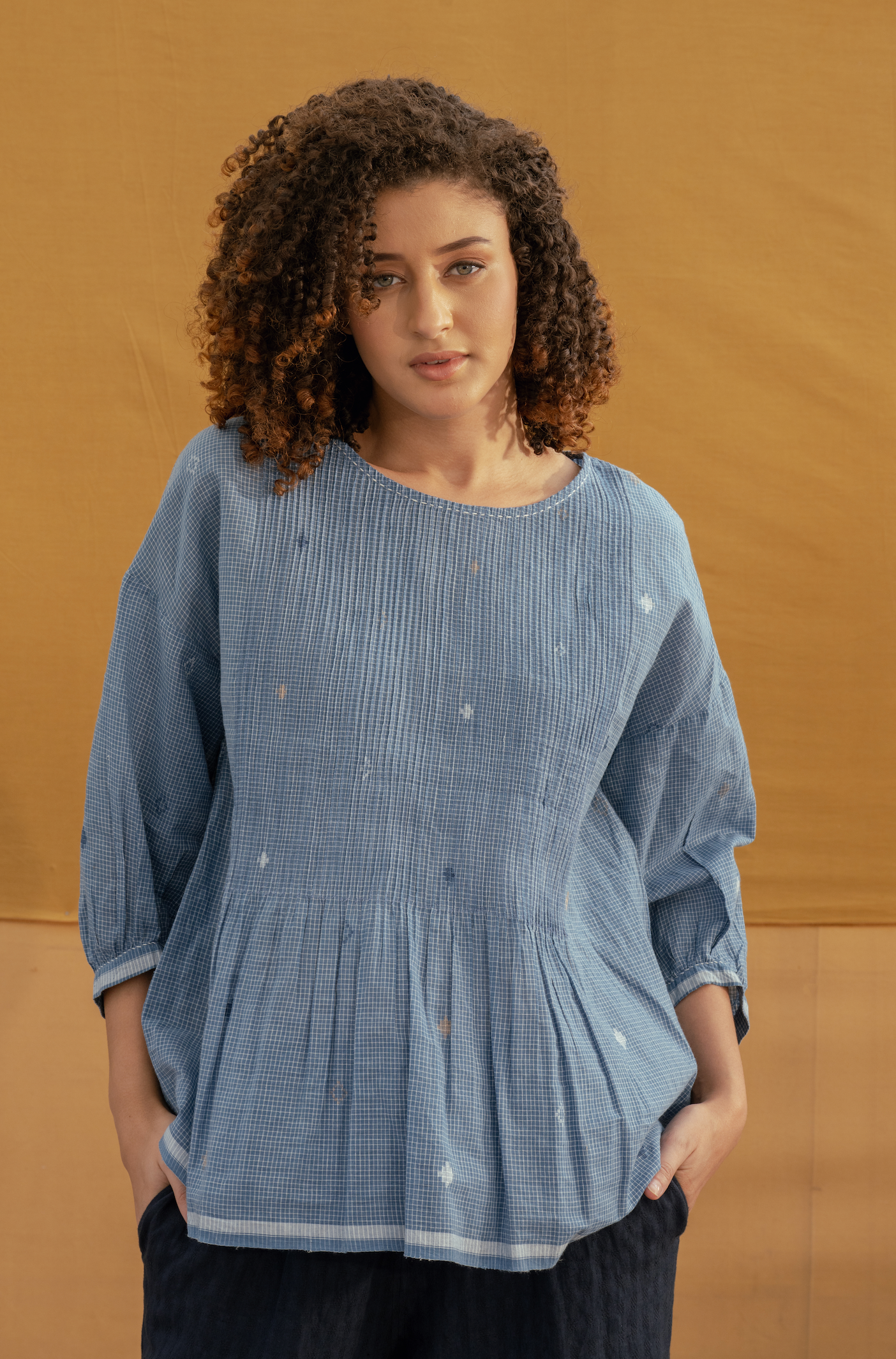 Handwoven jamdani top - ANISHA pintuck indigo