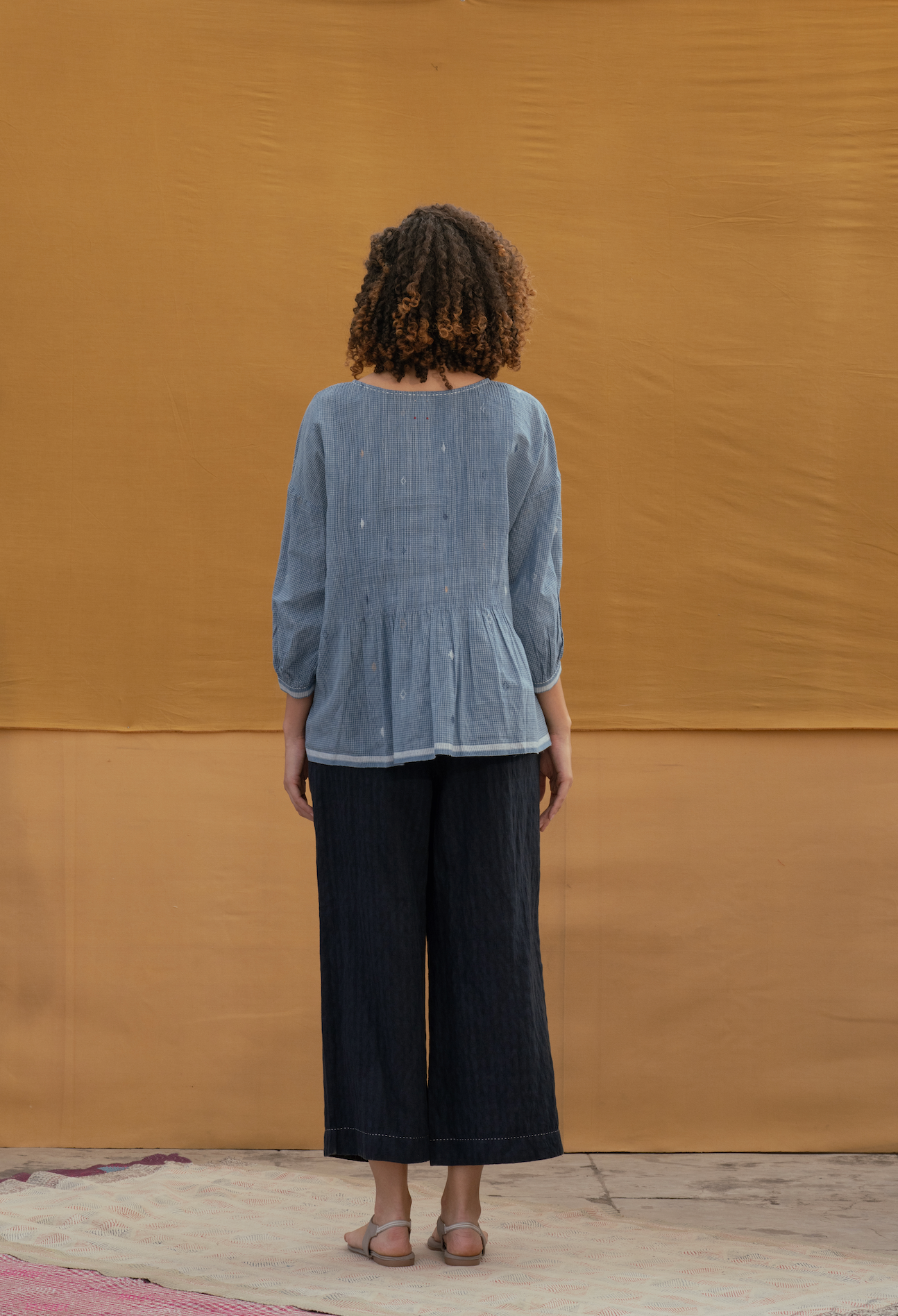 Handwoven jamdani top - ANISHA pintuck indigo