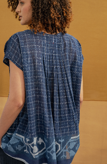 Handwoven jamdani top - DIVYA Check Indigo