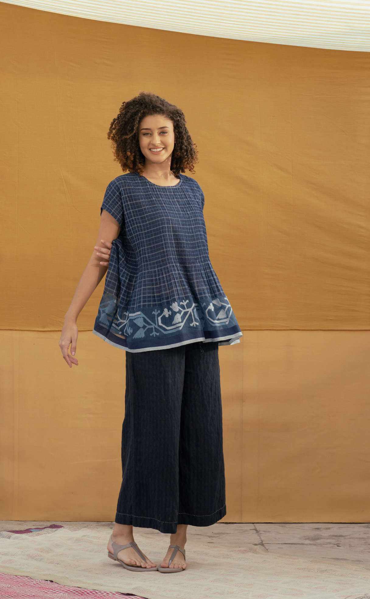 Handwoven jamdani top - DIVYA Check Indigo