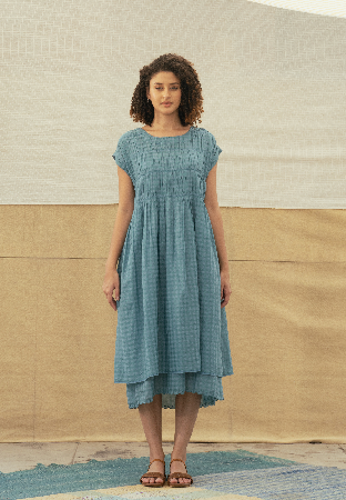 MIRA Cotton + Silk Dress - Blue Self Check