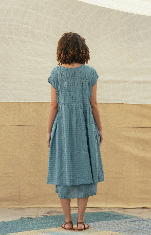 MIRA Cotton + Silk Dress - Blue Self Check