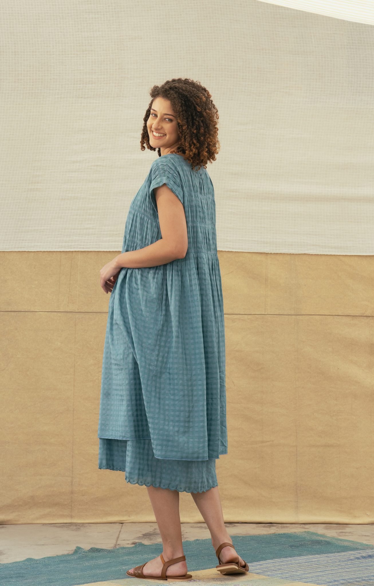 MIRA Cotton + Silk Dress - Blue Self Check