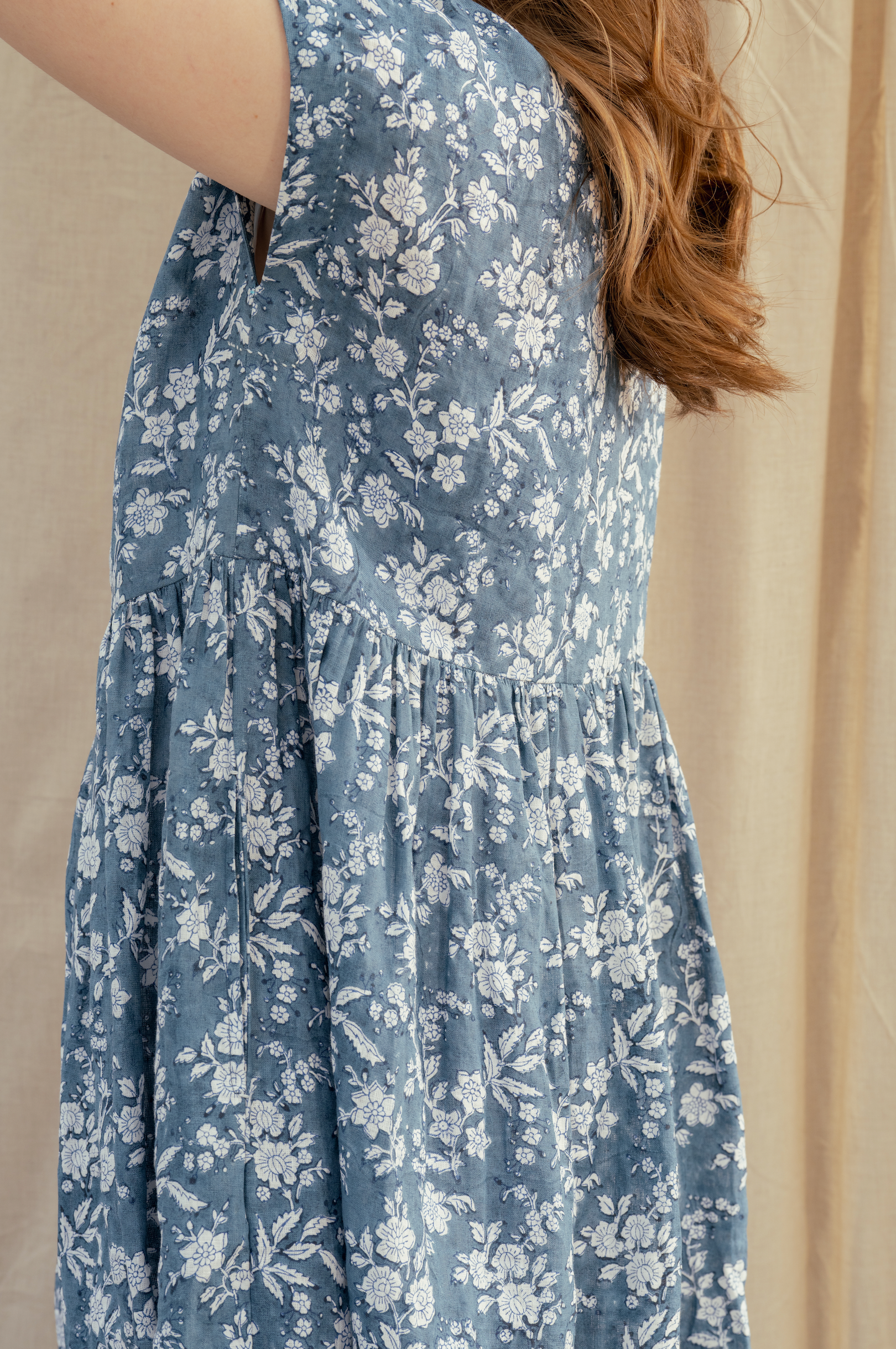 TOSHNI Linen Blockprint Dress - Indigo Floral