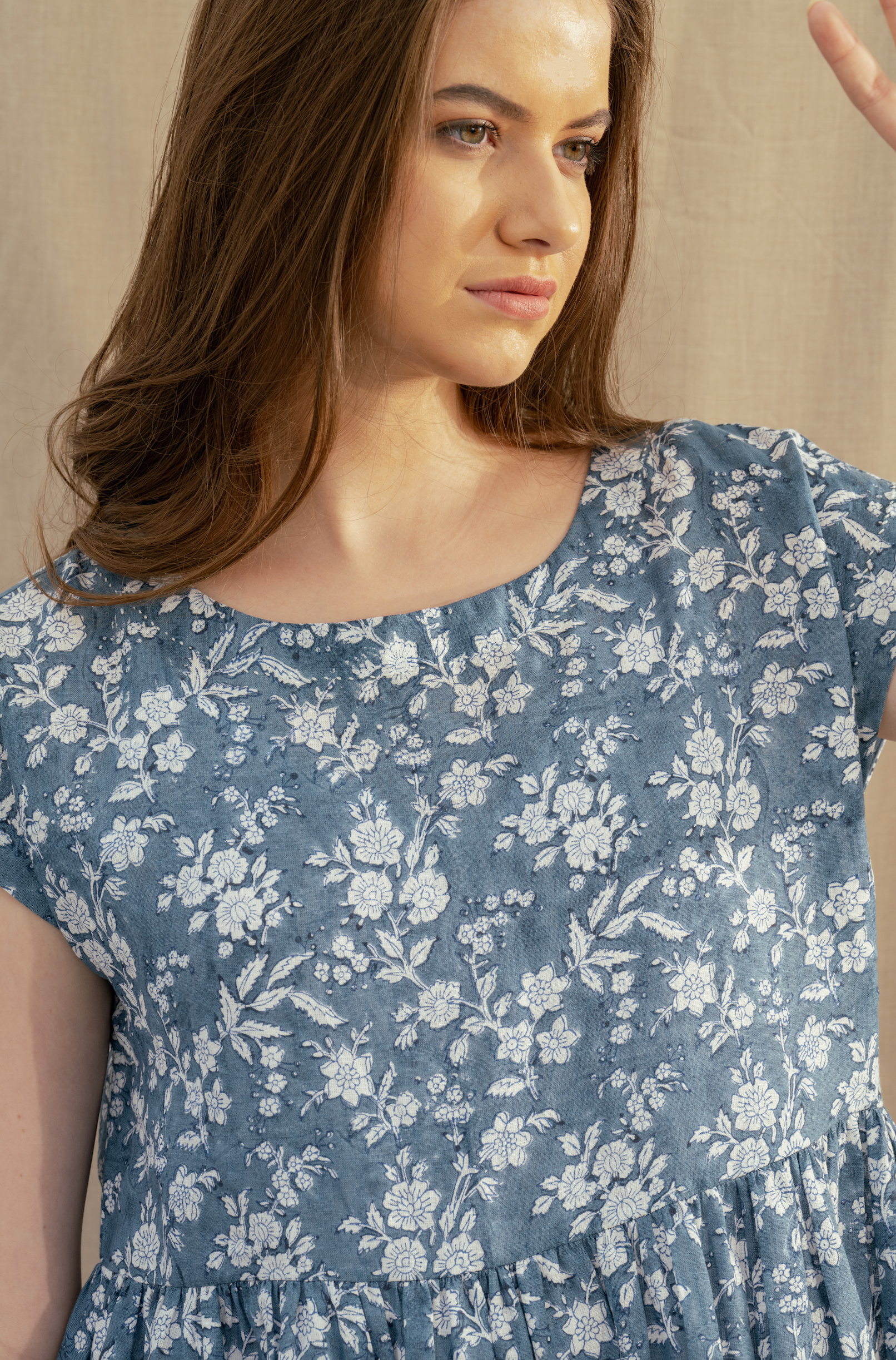 TOSHNI Linen Blockprint Dress - Indigo Floral