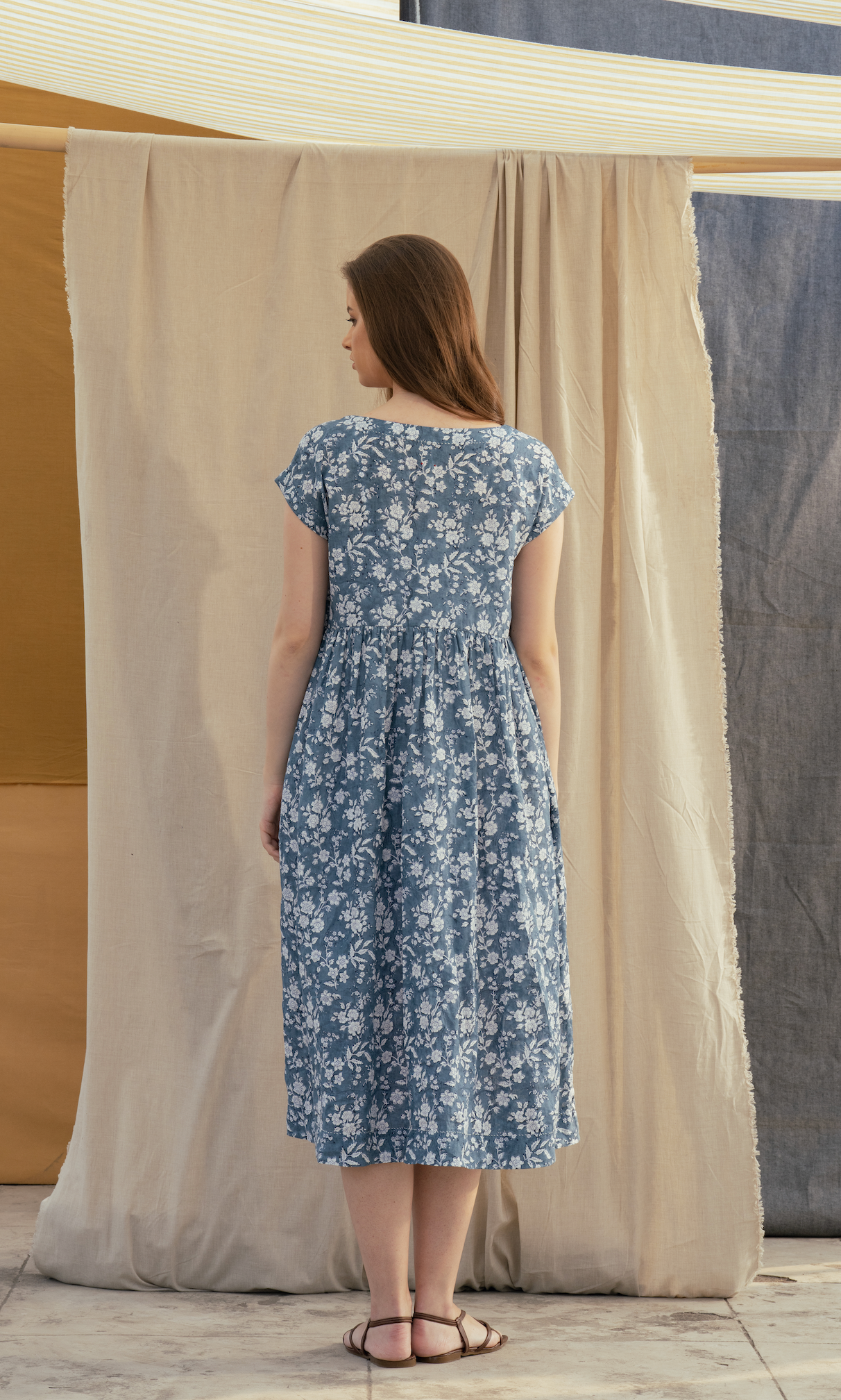 TOSHNI Linen Blockprint Dress - Indigo Floral