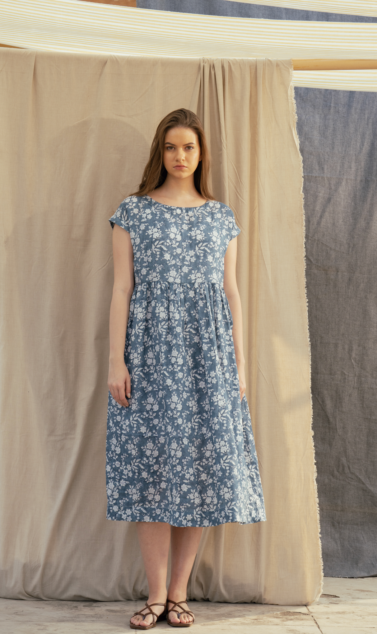 TOSHNI Linen Blockprint Dress - Indigo Floral