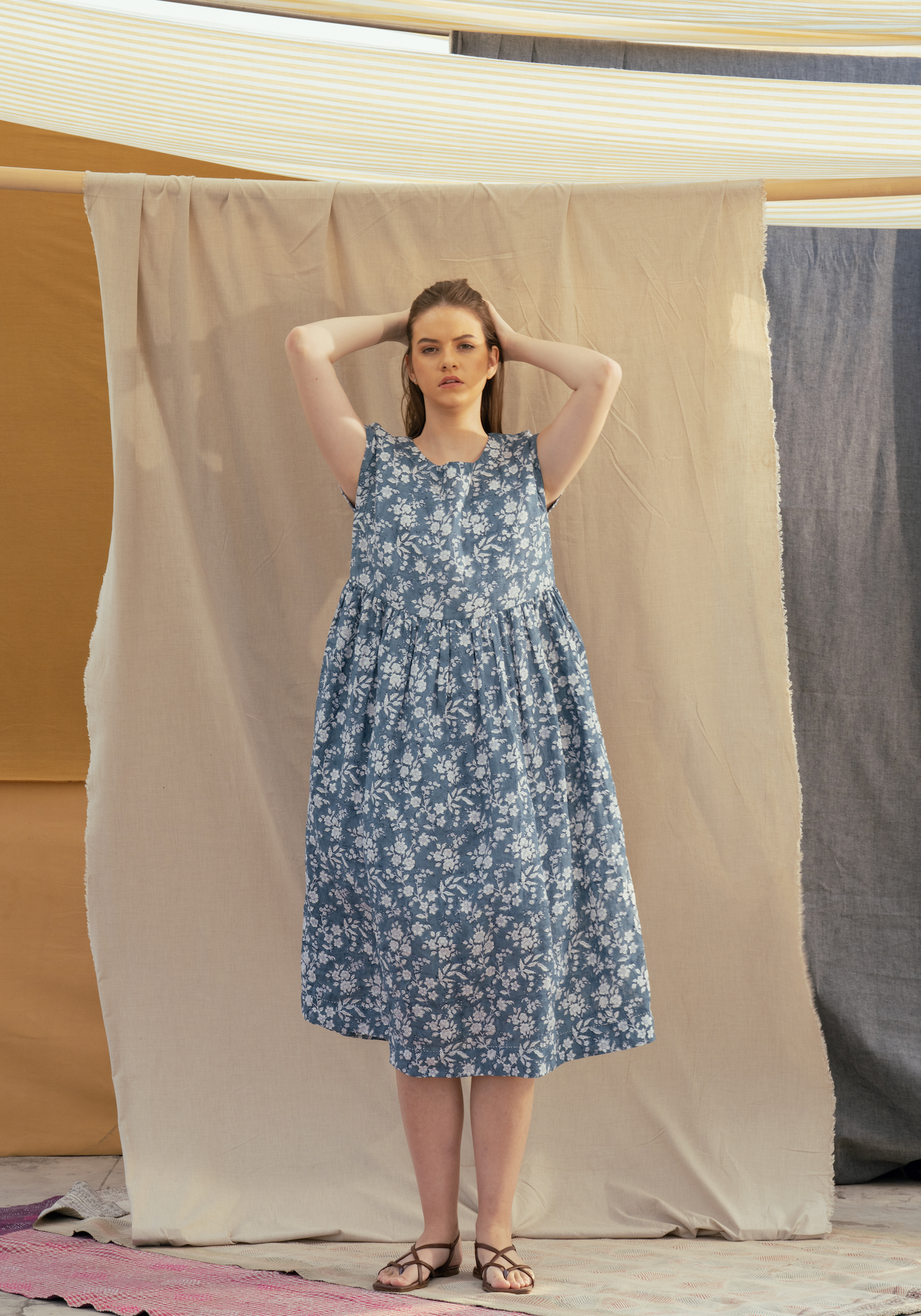 TOSHNI Linen Blockprint Dress - Indigo Floral