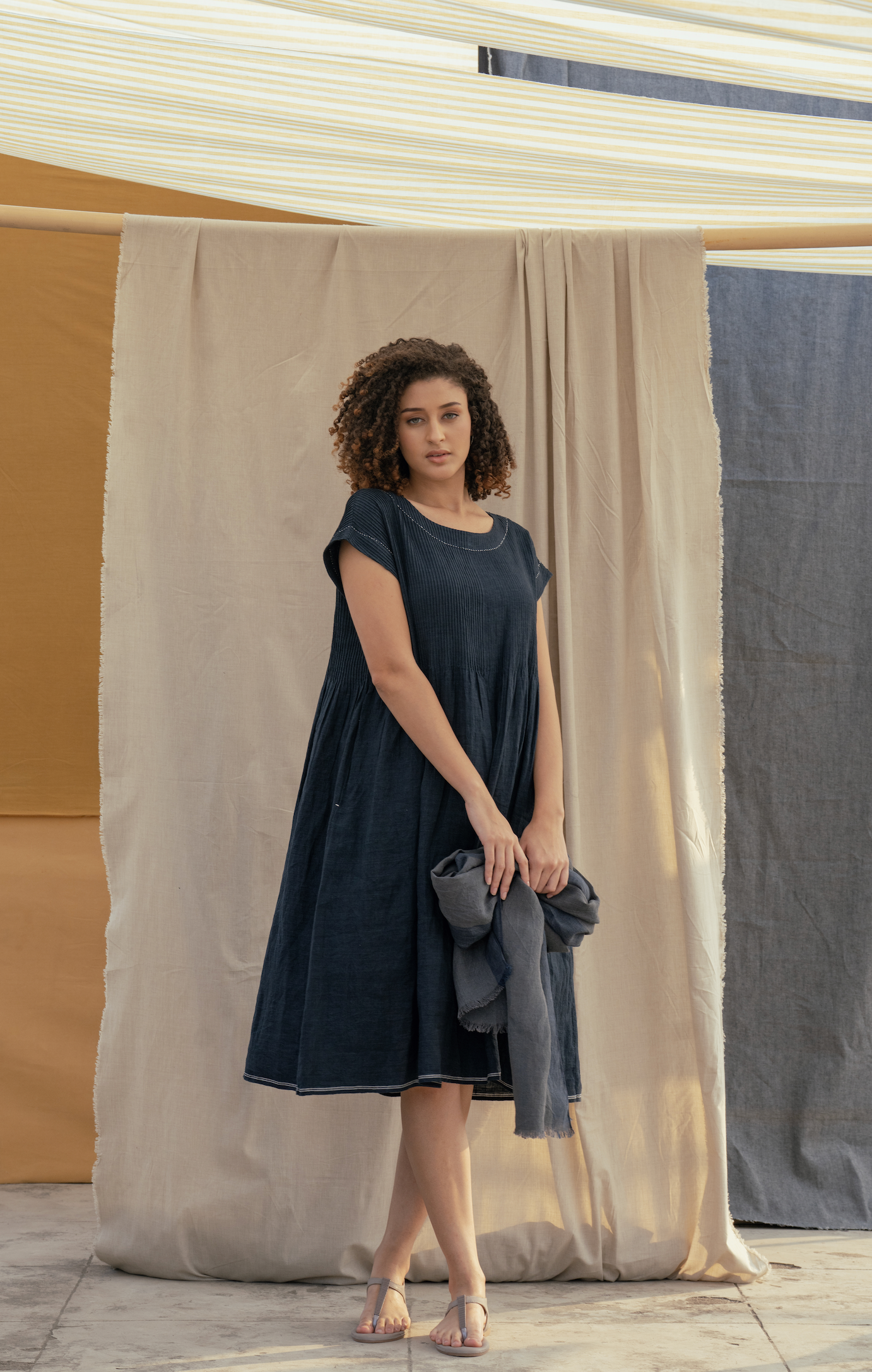 Linen Pintuck Dress - RIMA in Navy