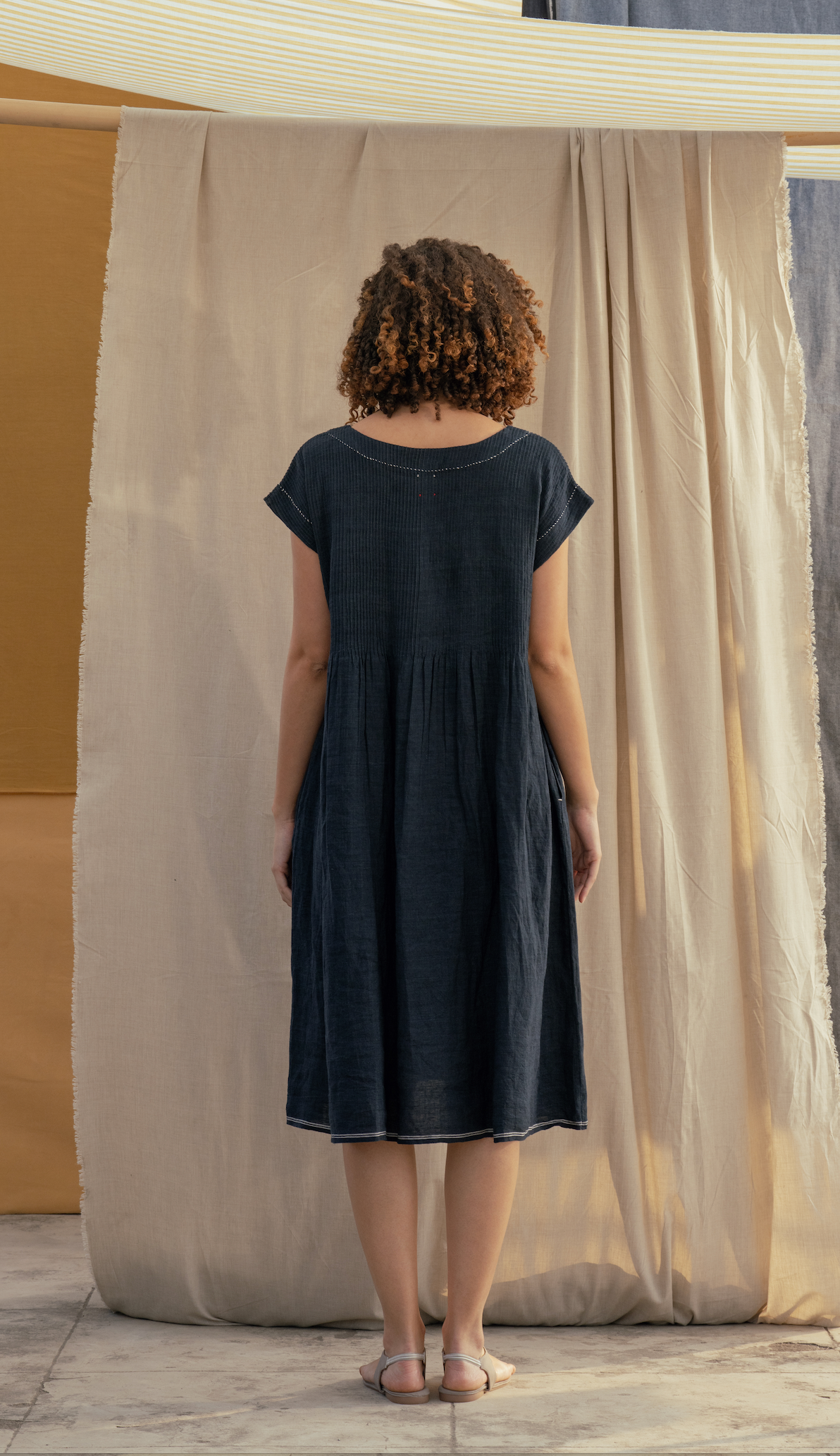 Linen Pintuck Dress - RIMA in Navy