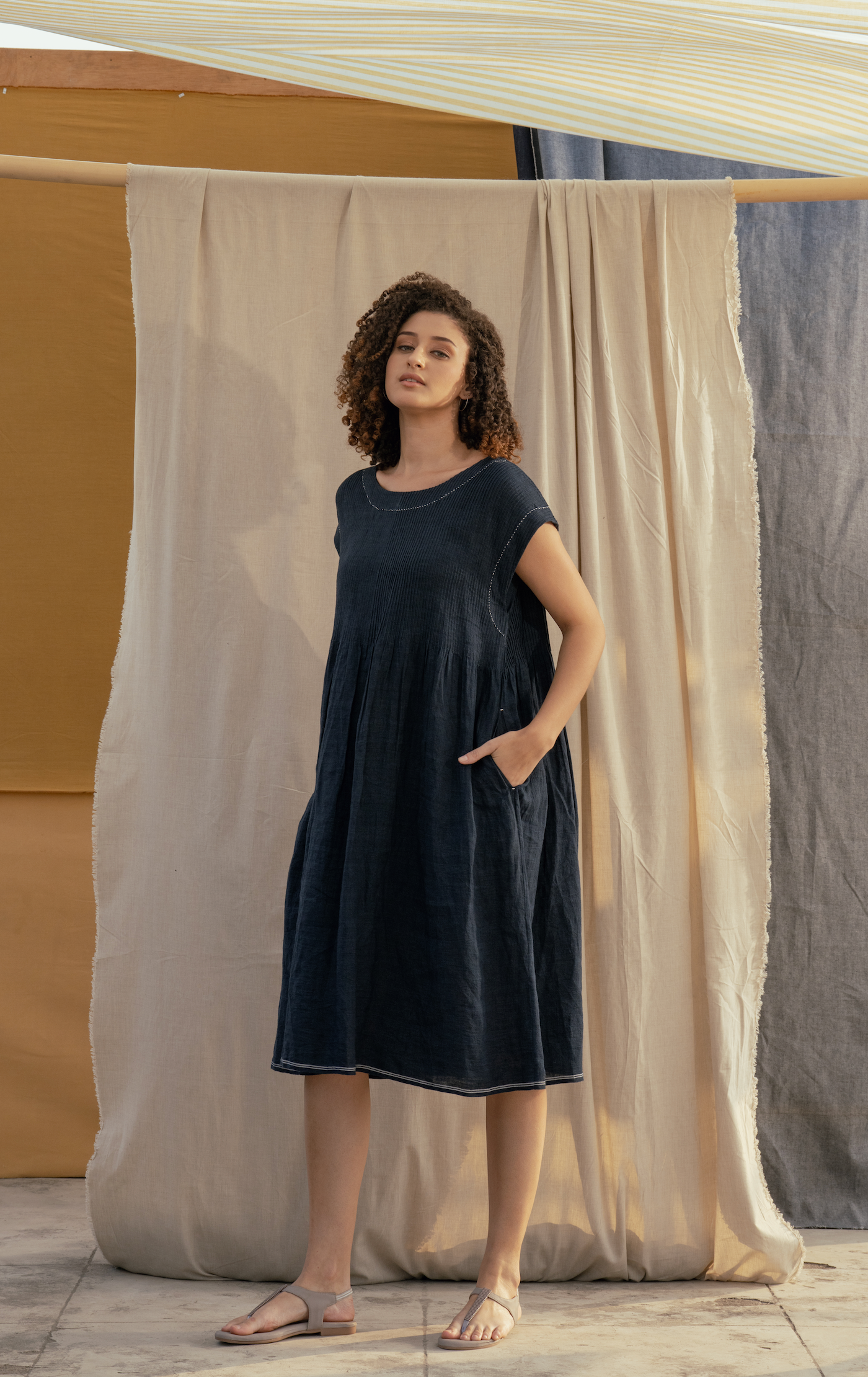 Linen Pintuck Dress - RIMA in Navy