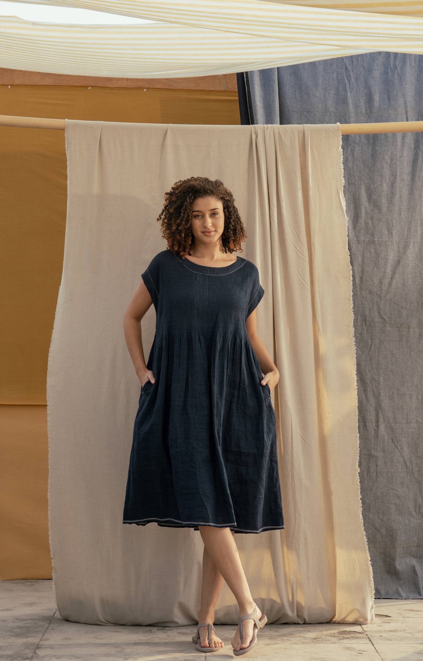 Linen Pintuck Dress - RIMA in Navy