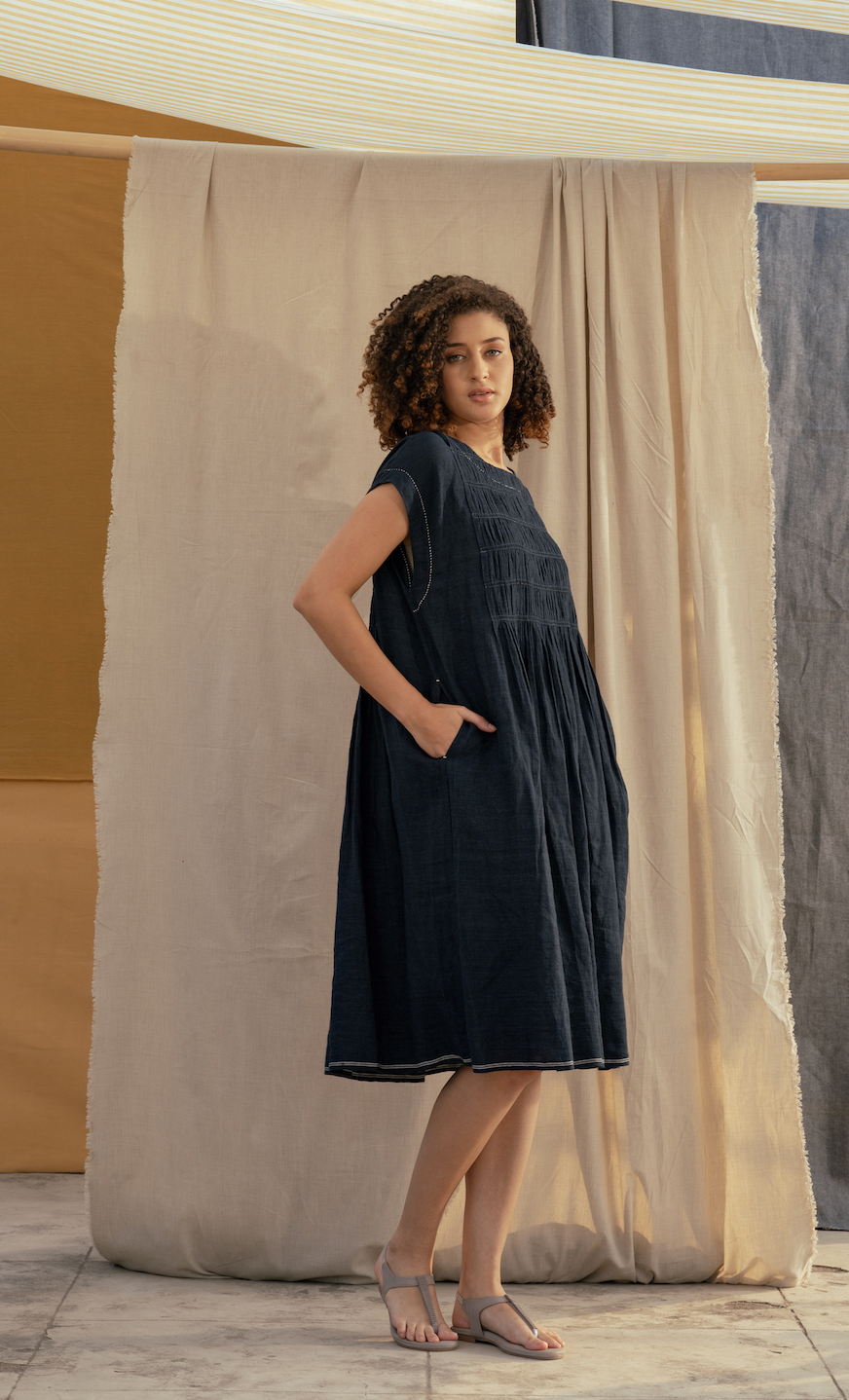 Linen Dress - NAYRA in Deep Navy