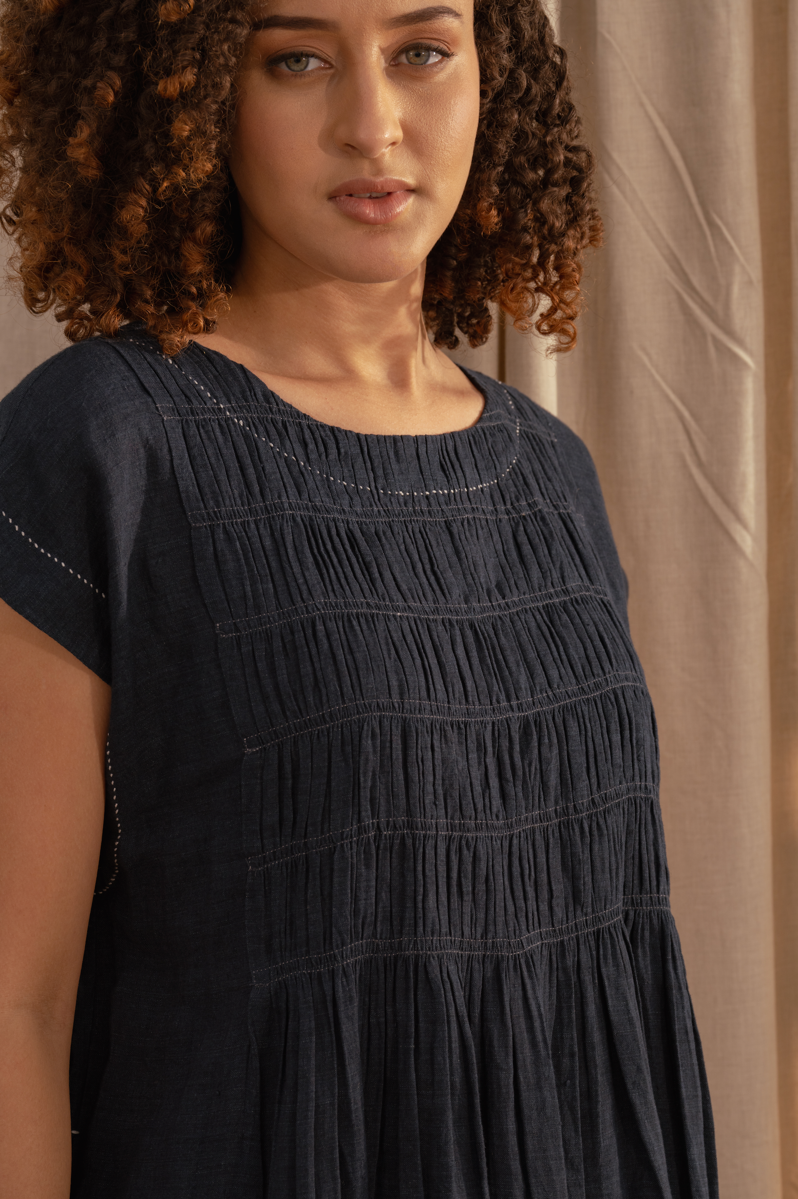 Linen Dress - NAYRA in Deep Navy