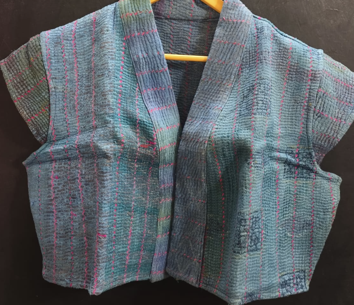 Capped Sleeve Top - Sea Blue Kantha