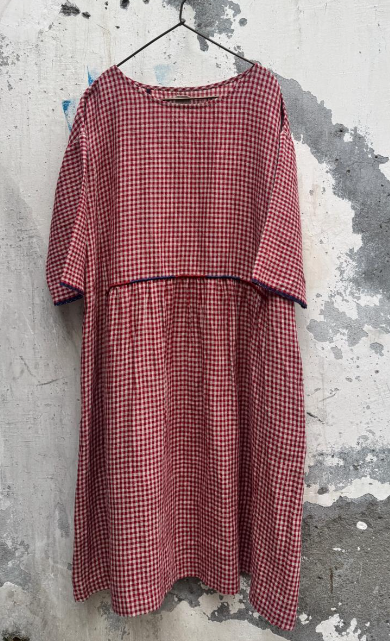 PADMA LINEN DRESS - Crimson Check